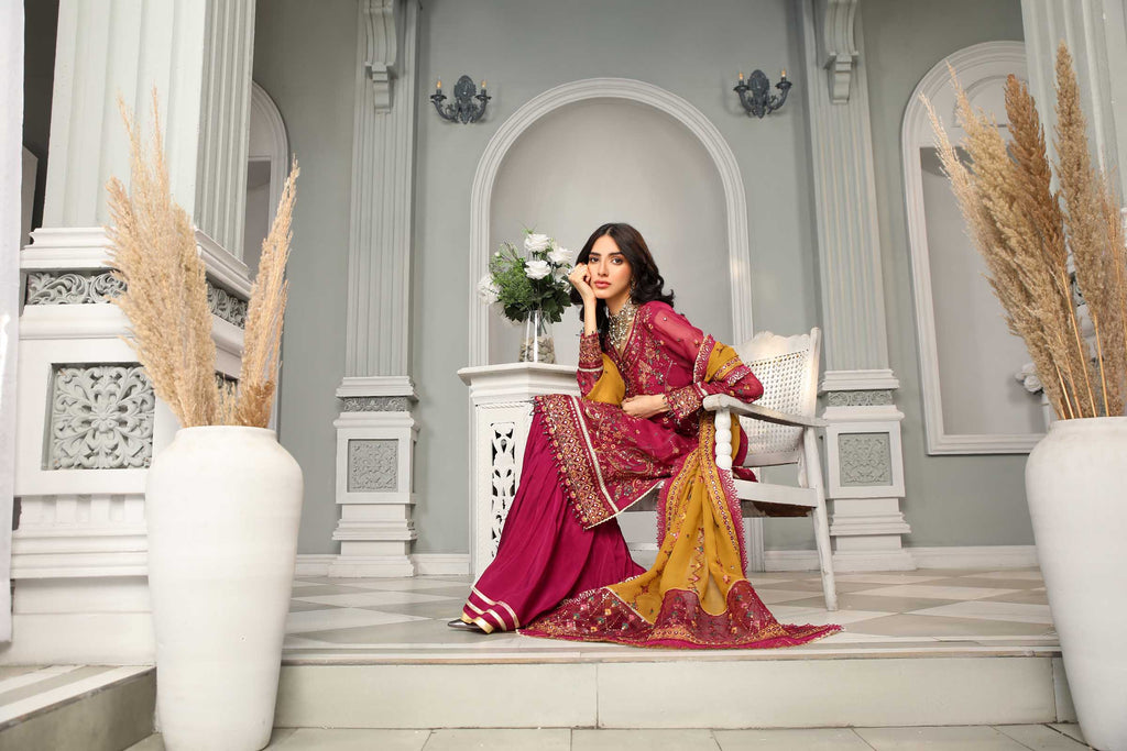 Magenta Embroidered Chiffon 3 Piece Suit | Maan Mayal | Tabassum