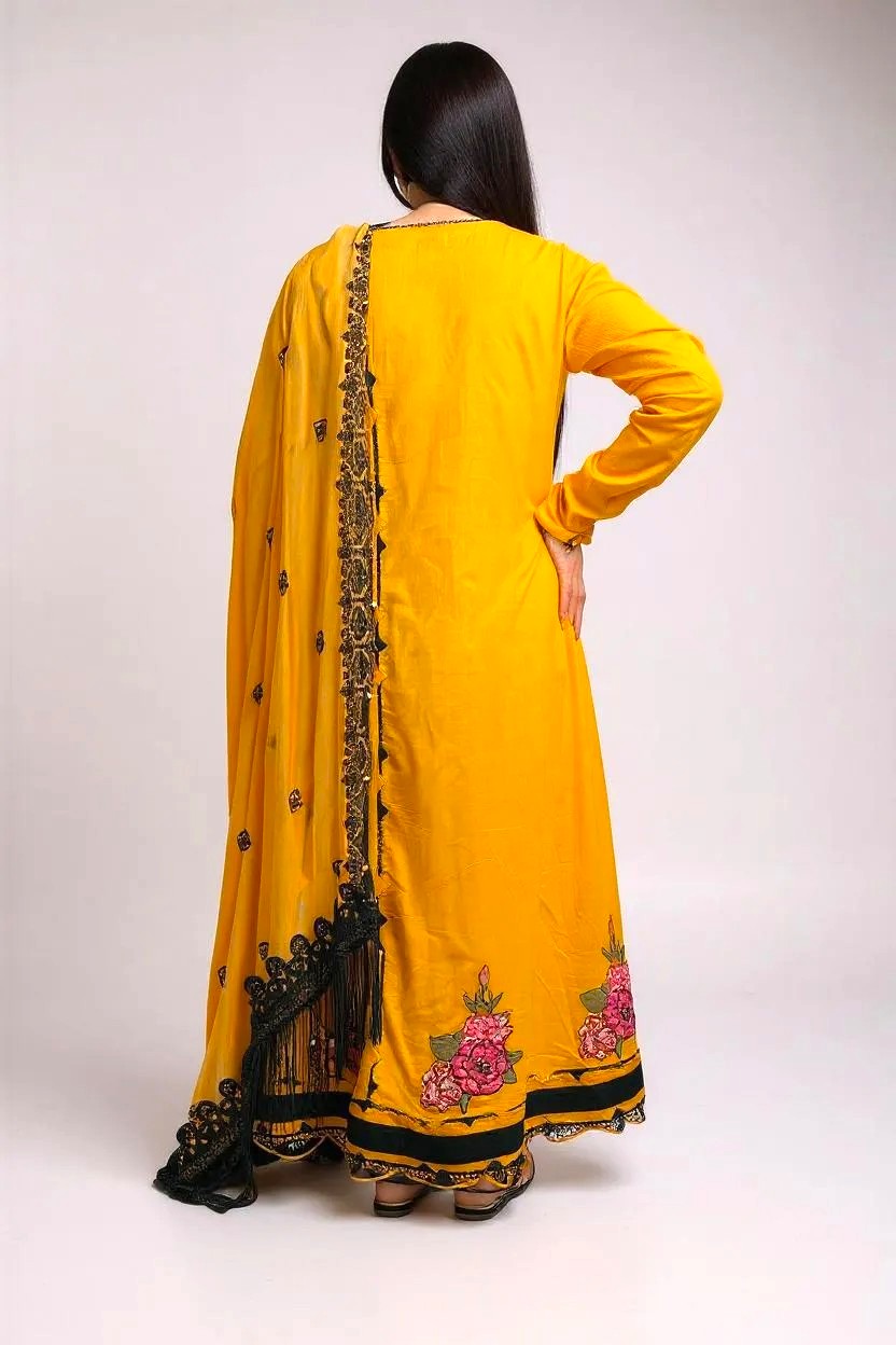 Yellow Lawn Embroidered 3 Piece Suit with Chiffon Dupatta | SK Designs | SKF4