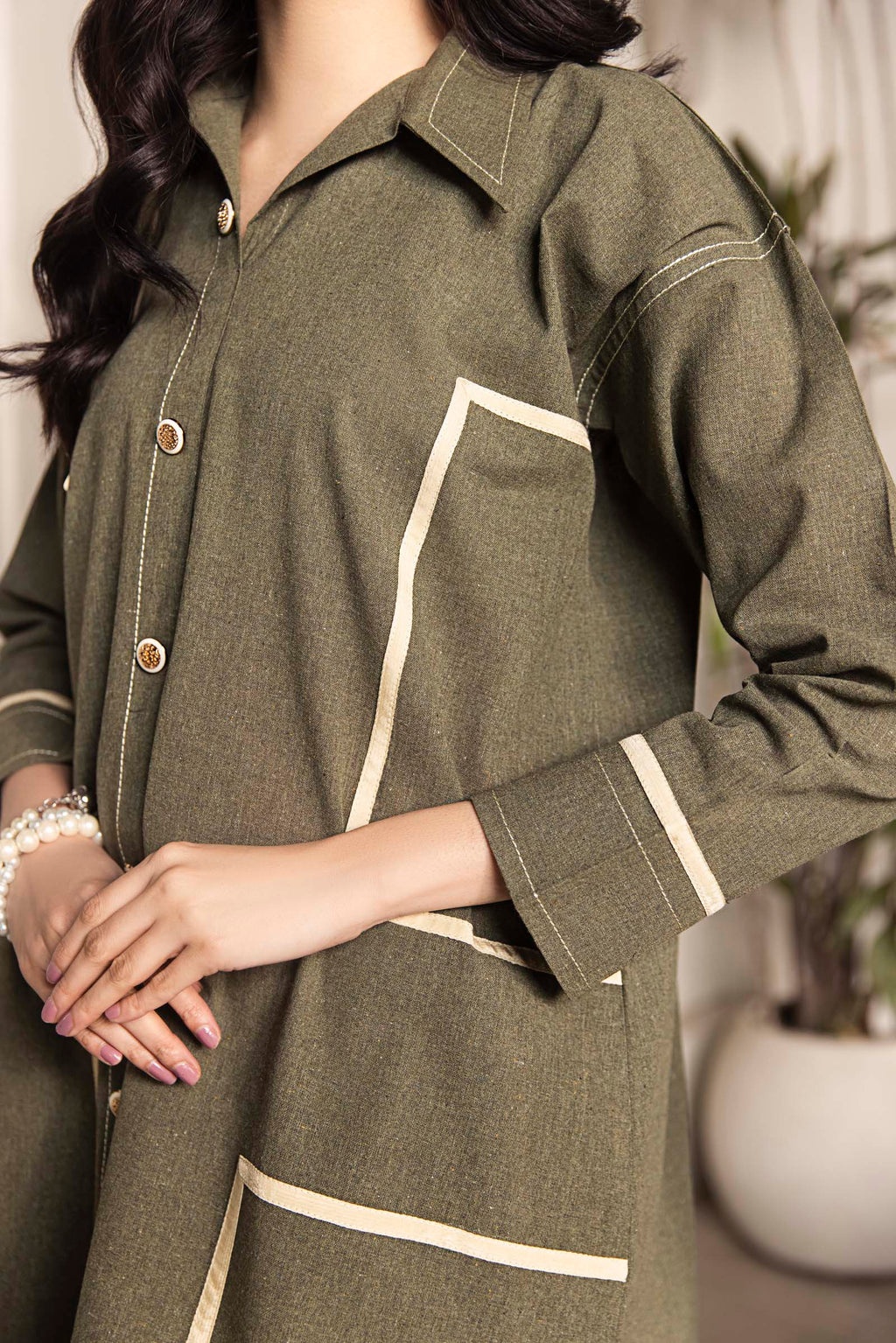 Olive Green Contrast Detailed 2 Piece Suit | Izel | Zel