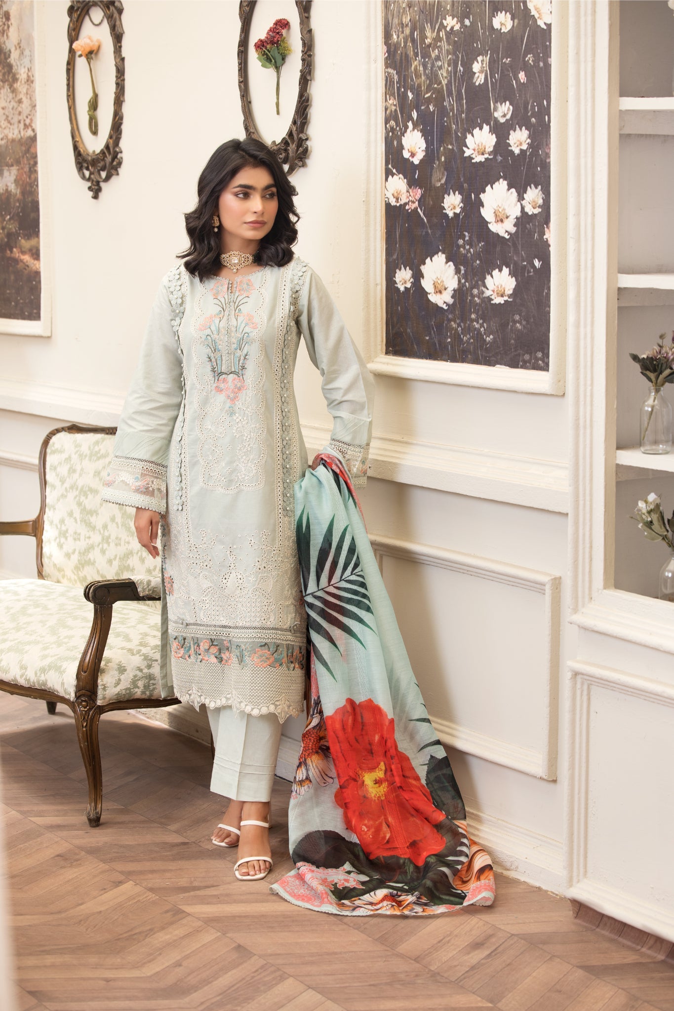 ZK1 – 3 Piece Summer Lawn Suit with Powder Blue Shirt, White Embroidery and Bold Red Floral Dupatta – Zoi & Hunni Collection