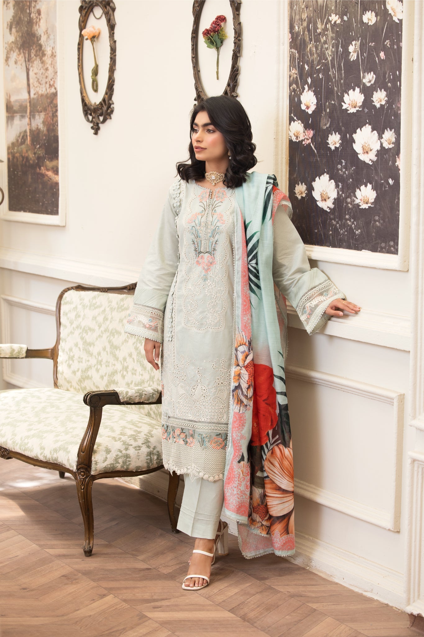 ZK1 – 3 Piece Summer Lawn Suit with Powder Blue Shirt, White Embroidery and Bold Red Floral Dupatta – Zoi & Hunni Collection