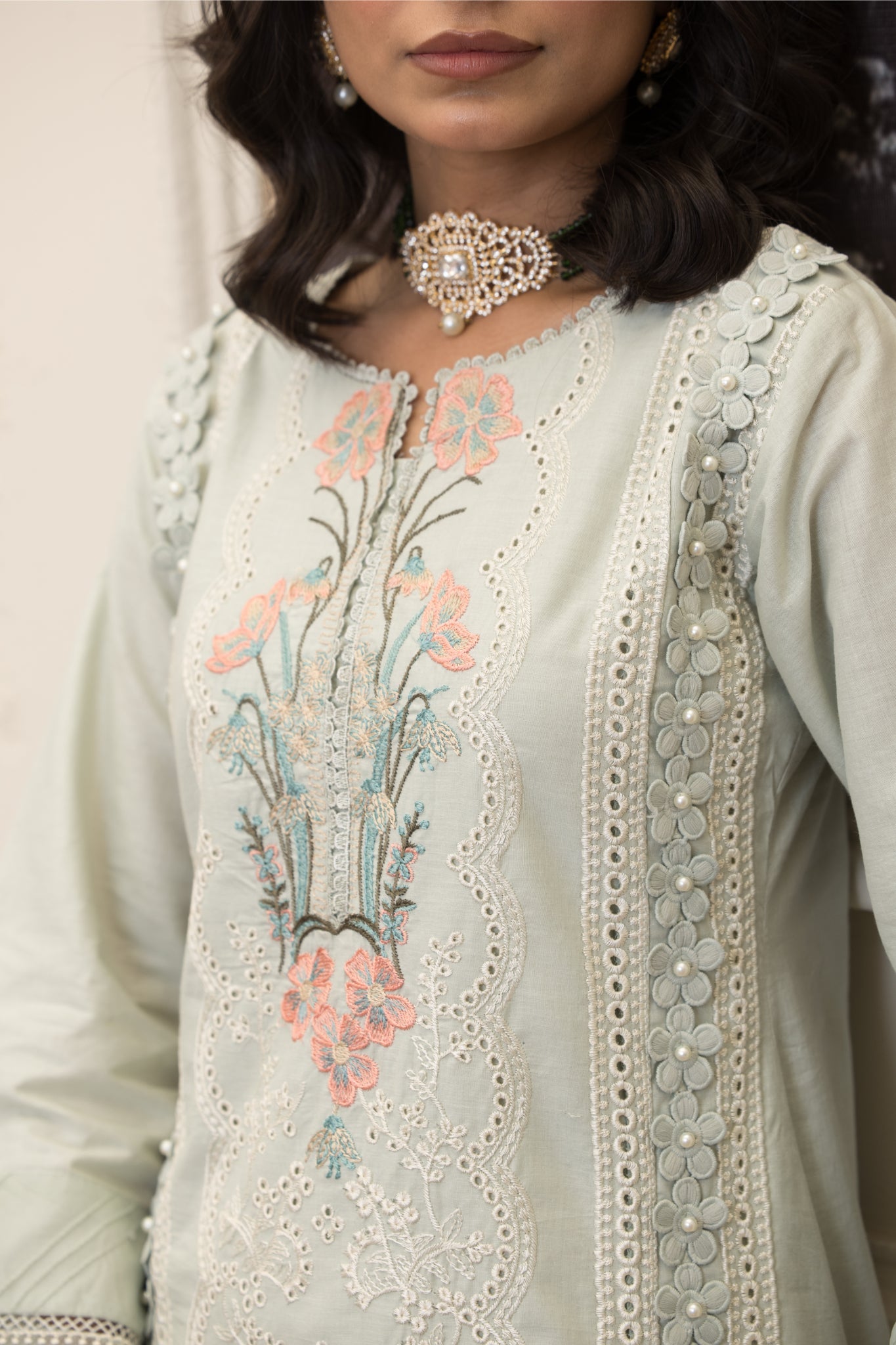 ZK1 – 3 Piece Summer Lawn Suit with Powder Blue Shirt, White Embroidery and Bold Red Floral Dupatta – Zoi & Hunni Collection