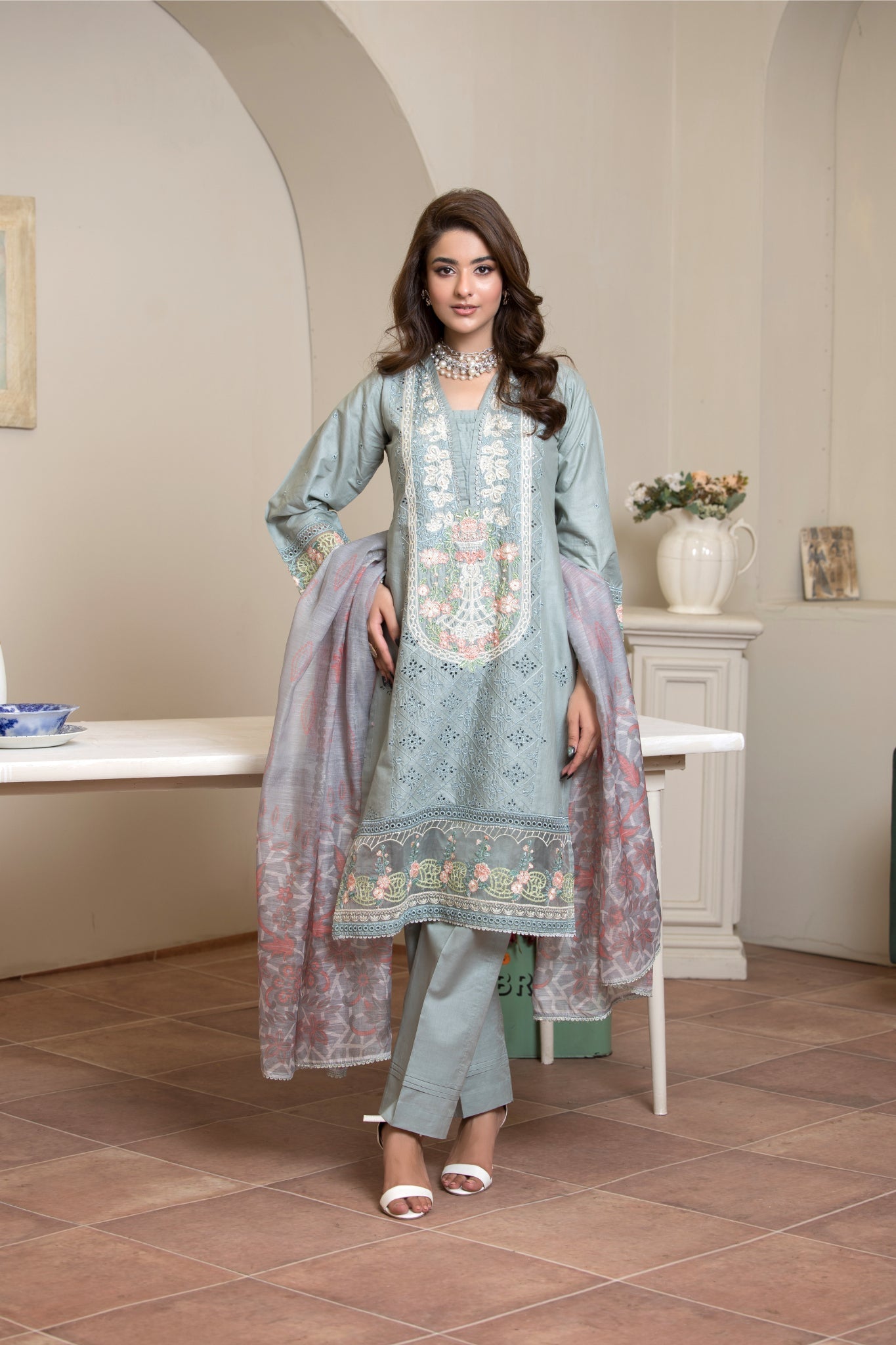 ZK10 – 3 Piece Summer Lawn Suit in Dusty Blue with White Embroidery and Subtle Pink Dupatta – Zoi & Hunni Collection