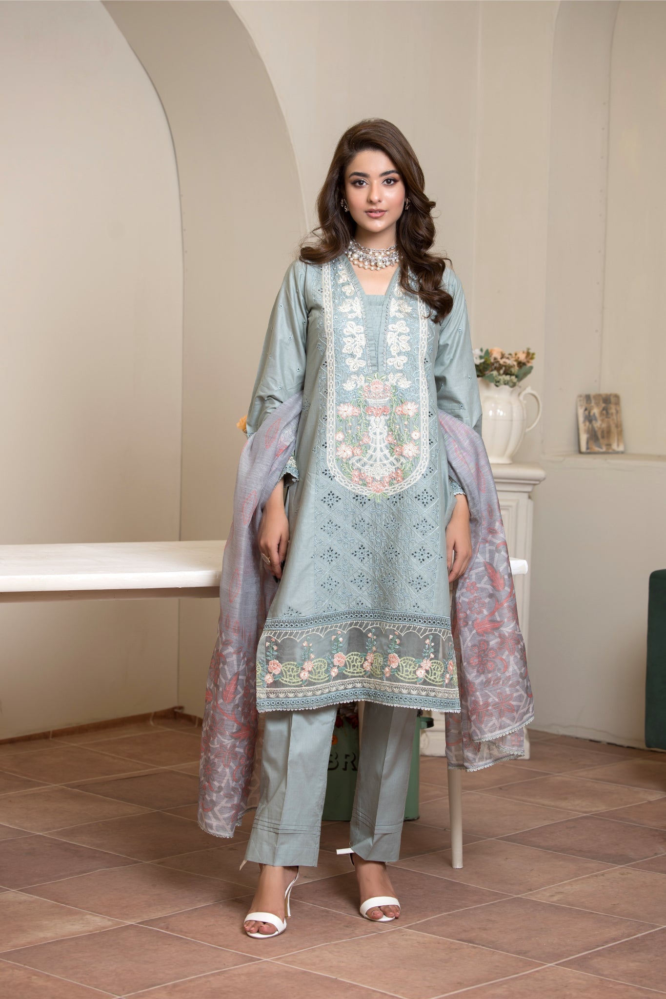 ZK10 – 3 Piece Summer Lawn Suit in Dusty Blue with White Embroidery and Subtle Pink Dupatta – Zoi & Hunni Collection