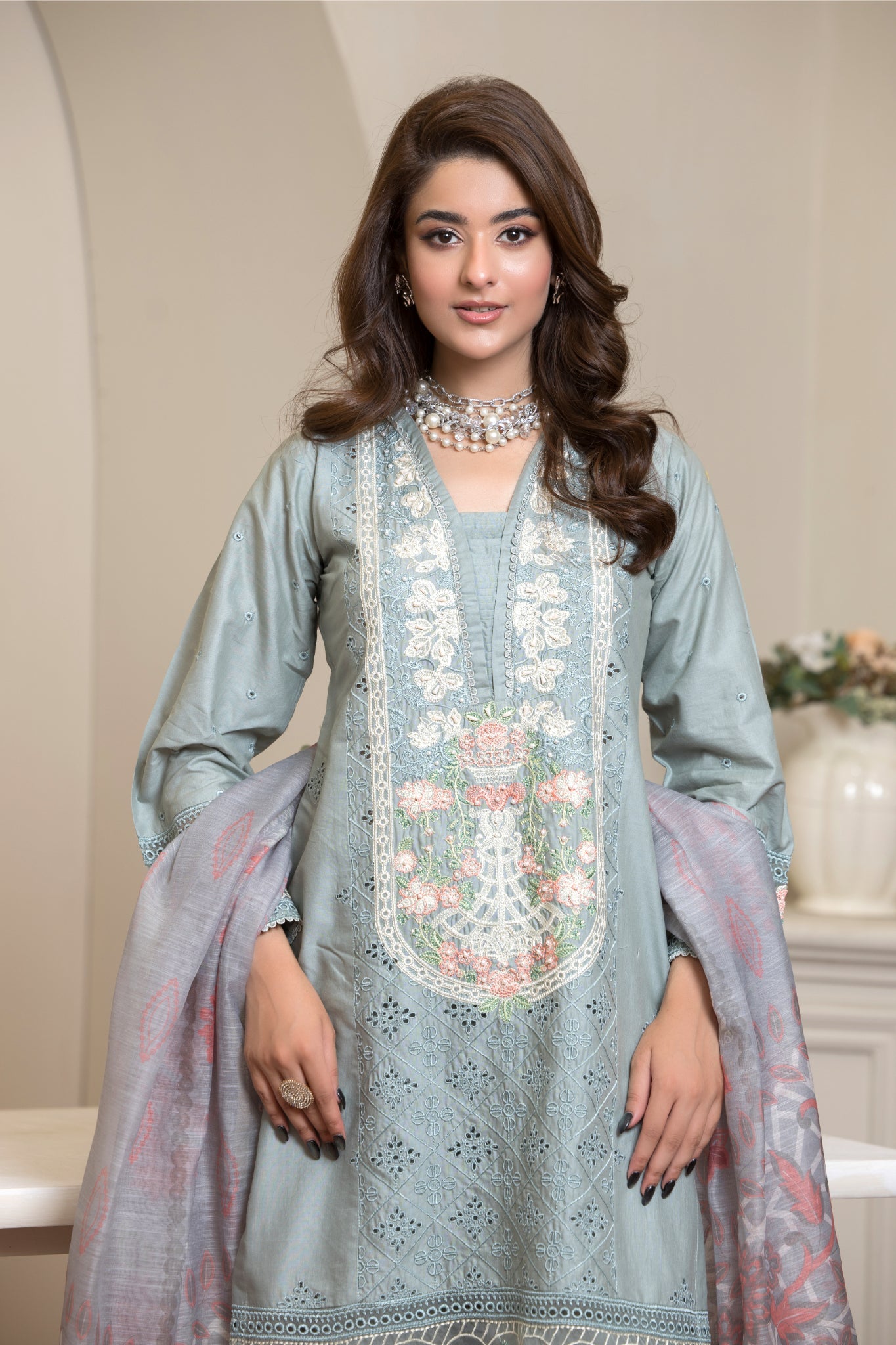 ZK10 – 3 Piece Summer Lawn Suit in Dusty Blue with White Embroidery and Subtle Pink Dupatta – Zoi & Hunni Collection