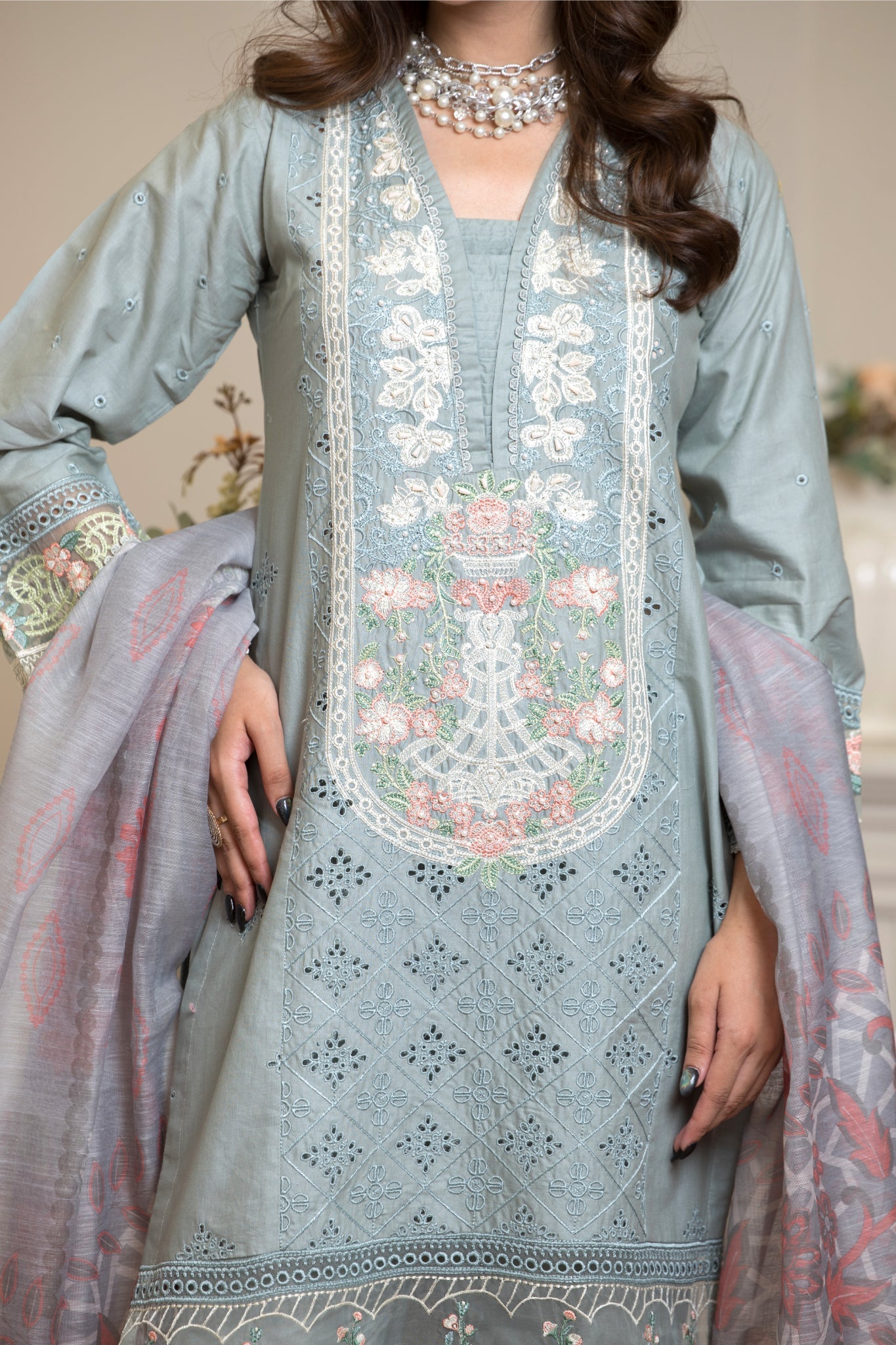 ZK10 – 3 Piece Summer Lawn Suit in Dusty Blue with White Embroidery and Subtle Pink Dupatta – Zoi & Hunni Collection