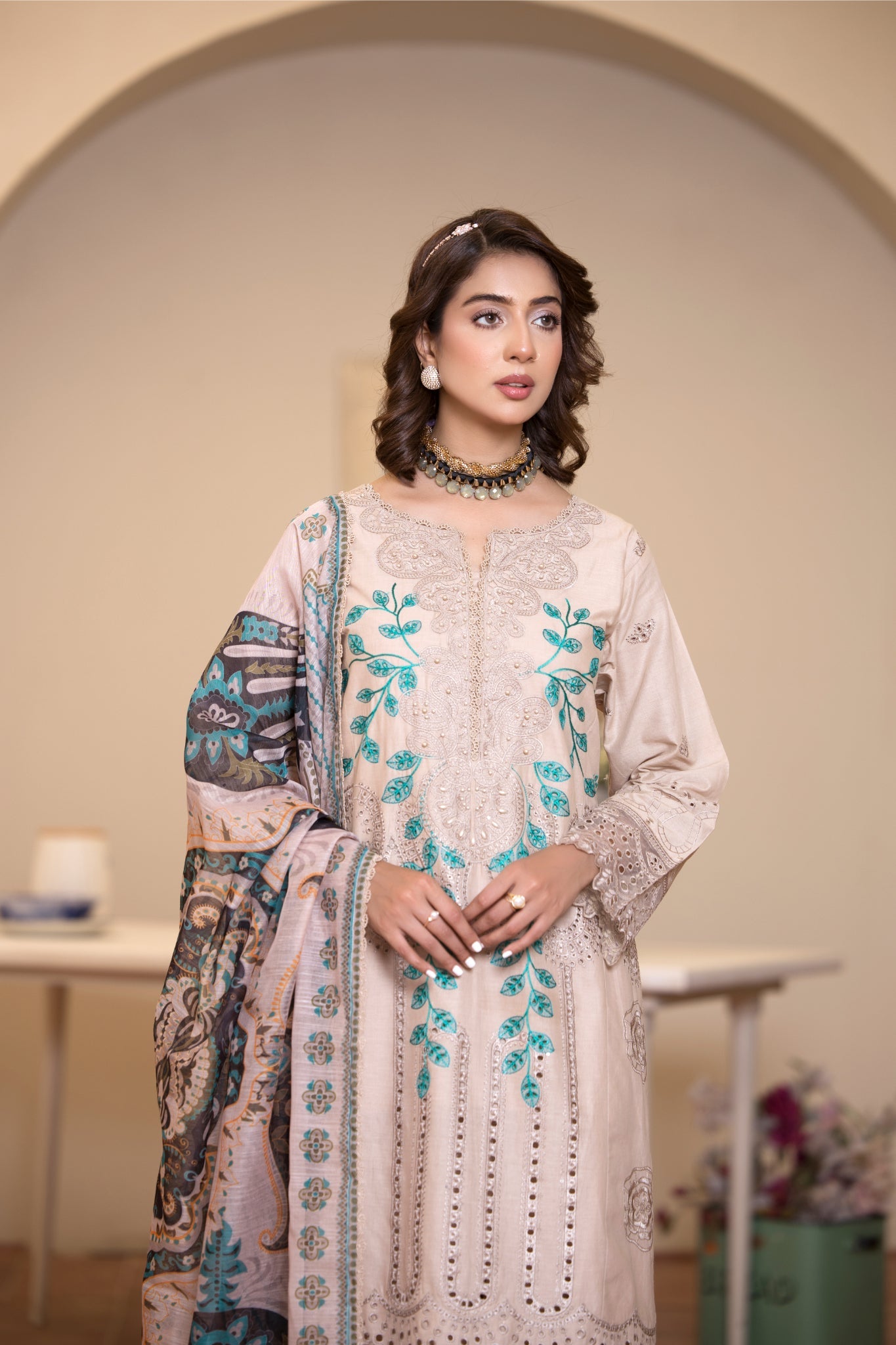 ZK2 – 3 Piece Summer Lawn Suit with Beige Shirt, Teal Embroidery and Printed Dupatta – Zoi & Hunni Collection