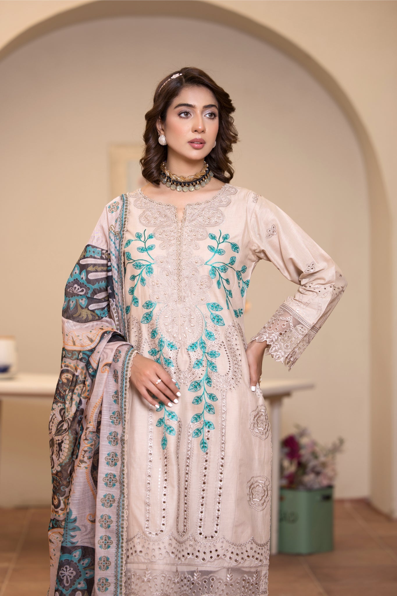 ZK2 – 3 Piece Summer Lawn Suit with Beige Shirt, Teal Embroidery and Printed Dupatta – Zoi & Hunni Collection