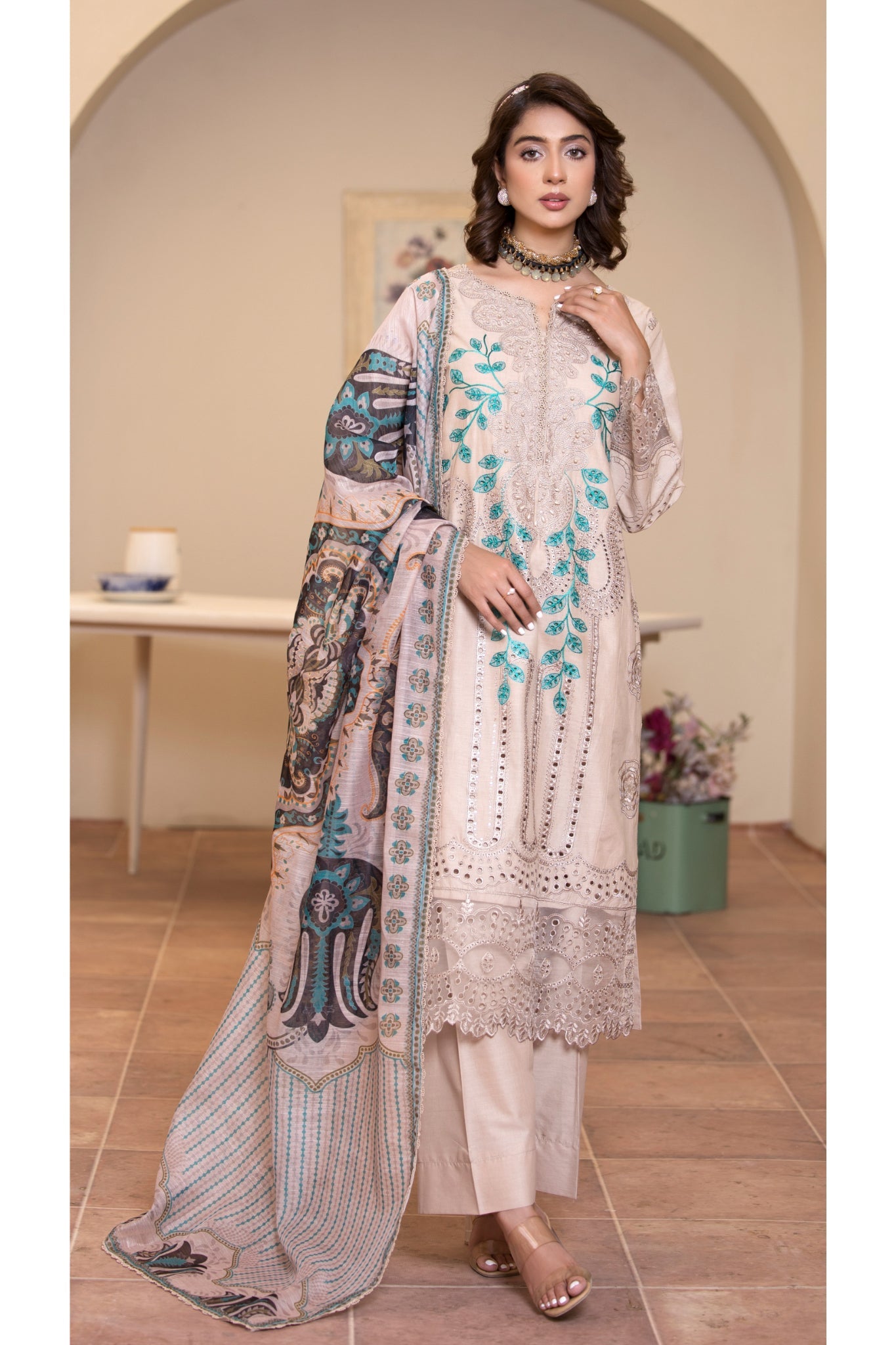 ZK2 – 3 Piece Summer Lawn Suit with Beige Shirt, Teal Embroidery and Printed Dupatta – Zoi & Hunni Collection