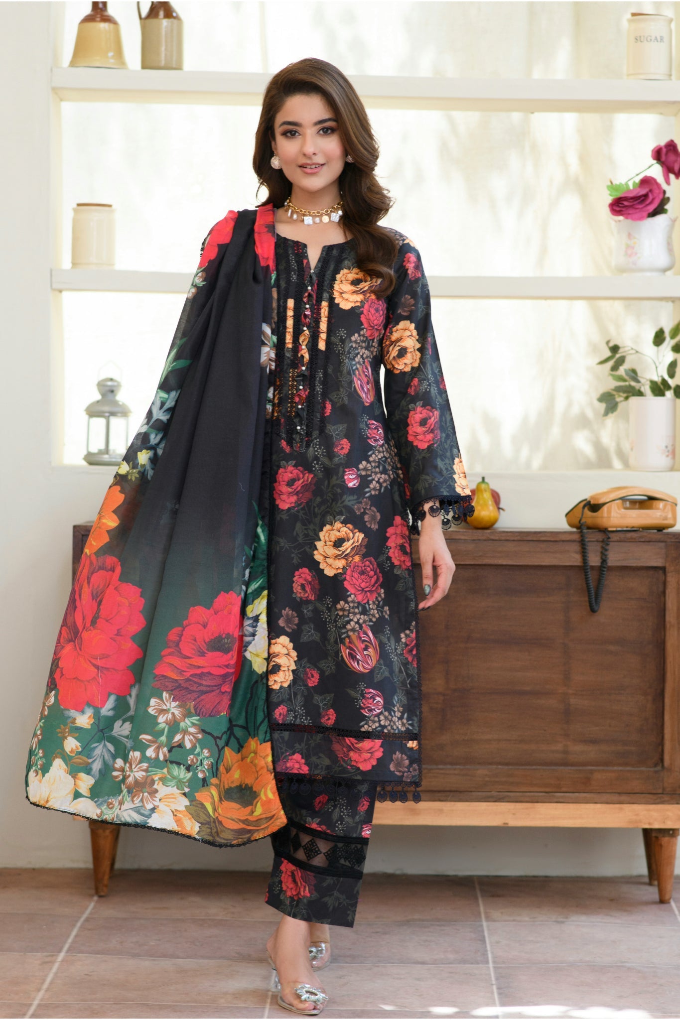 ZK4 – 3 Piece Summer Lawn Suit with Black Shirt and Trouser with Multicolour Floral Print – Zoi & Hunni Collection