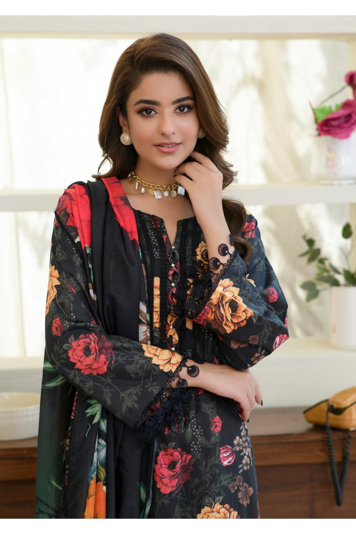 ZK4 – 3 Piece Summer Lawn Suit with Black Shirt and Trouser with Multicolour Floral Print – Zoi & Hunni Collection