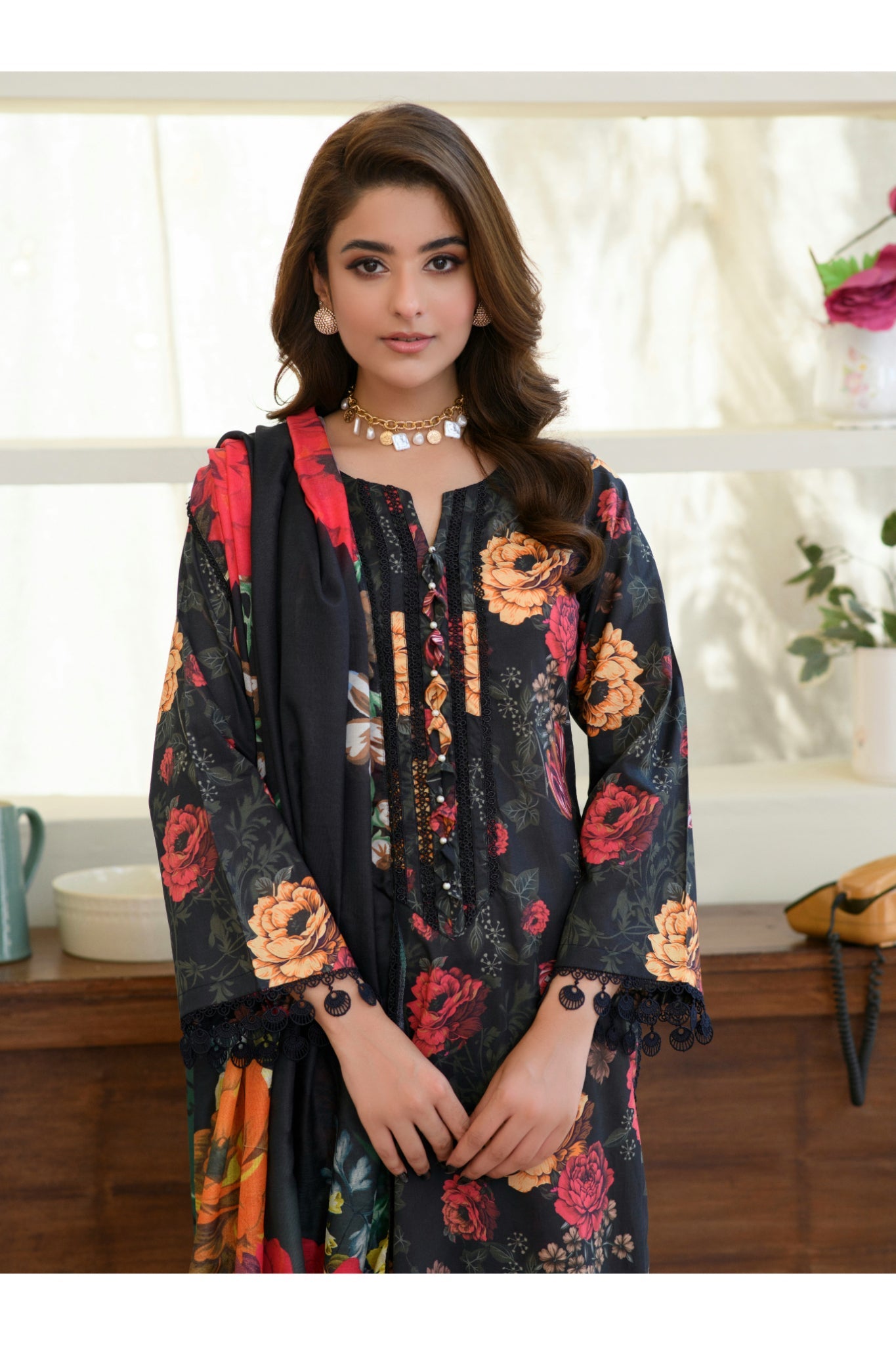 ZK4 – 3 Piece Summer Lawn Suit with Black Shirt and Trouser with Multicolour Floral Print – Zoi & Hunni Collection