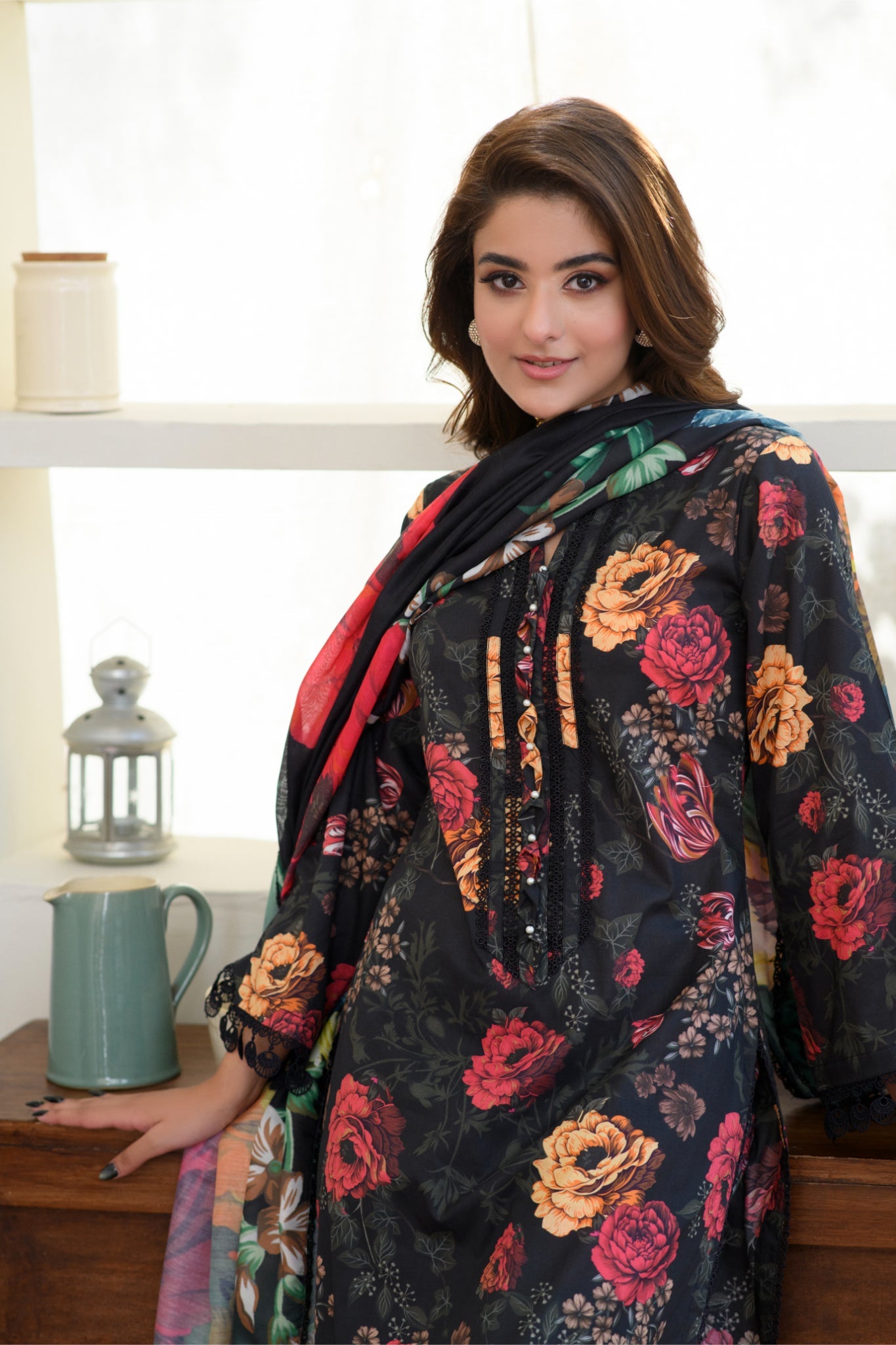 ZK4 – 3 Piece Summer Lawn Suit with Black Shirt and Trouser with Multicolour Floral Print – Zoi & Hunni Collection