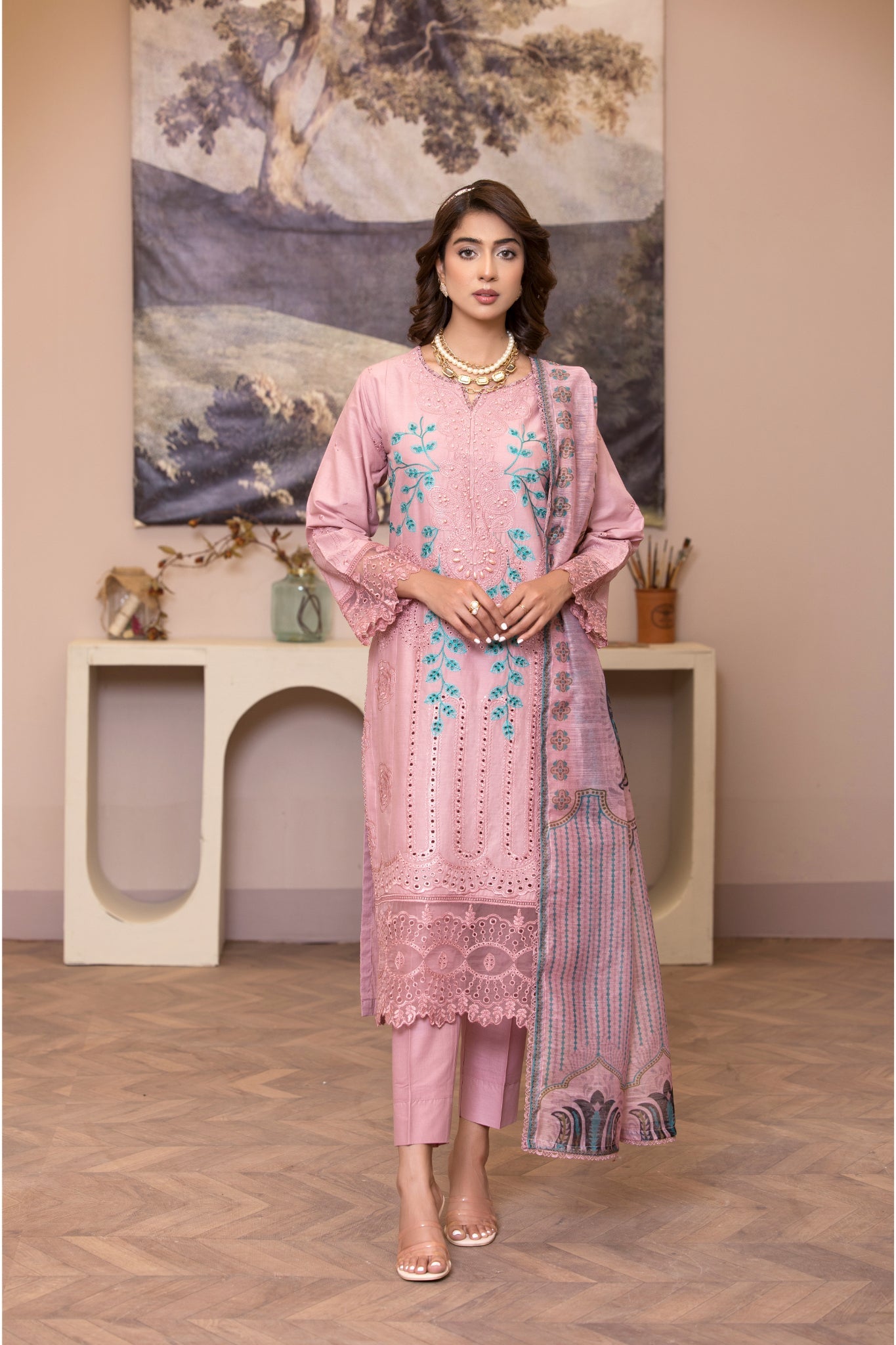 ZK5 – 3 Piece Summer Lawn Suit in Dusty Pink with Teal Embroidery and Printed Dupatta – Zoi & Hunni Collection