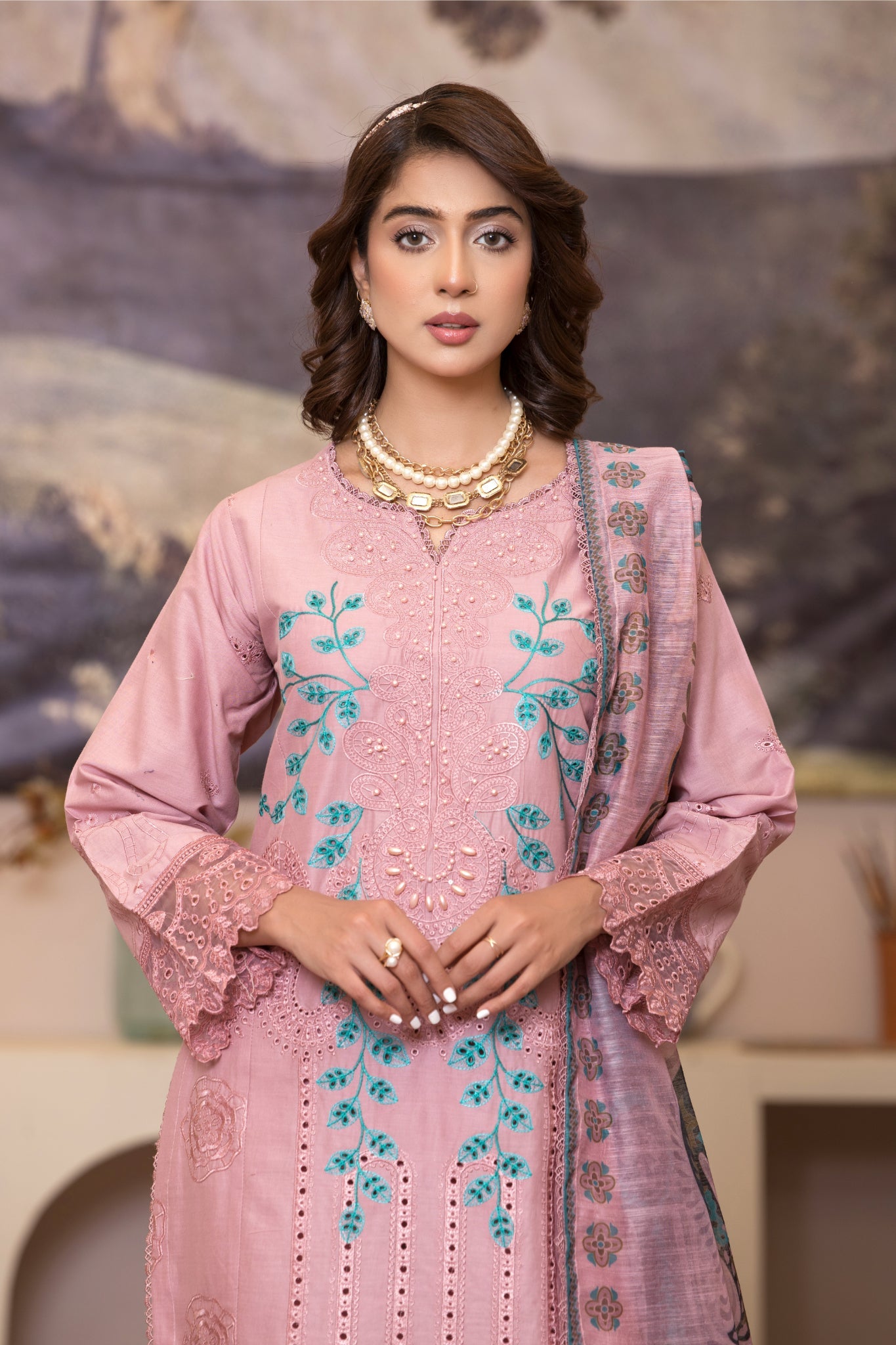 ZK5 – 3 Piece Summer Lawn Suit in Dusty Pink with Teal Embroidery and Printed Dupatta – Zoi & Hunni Collection