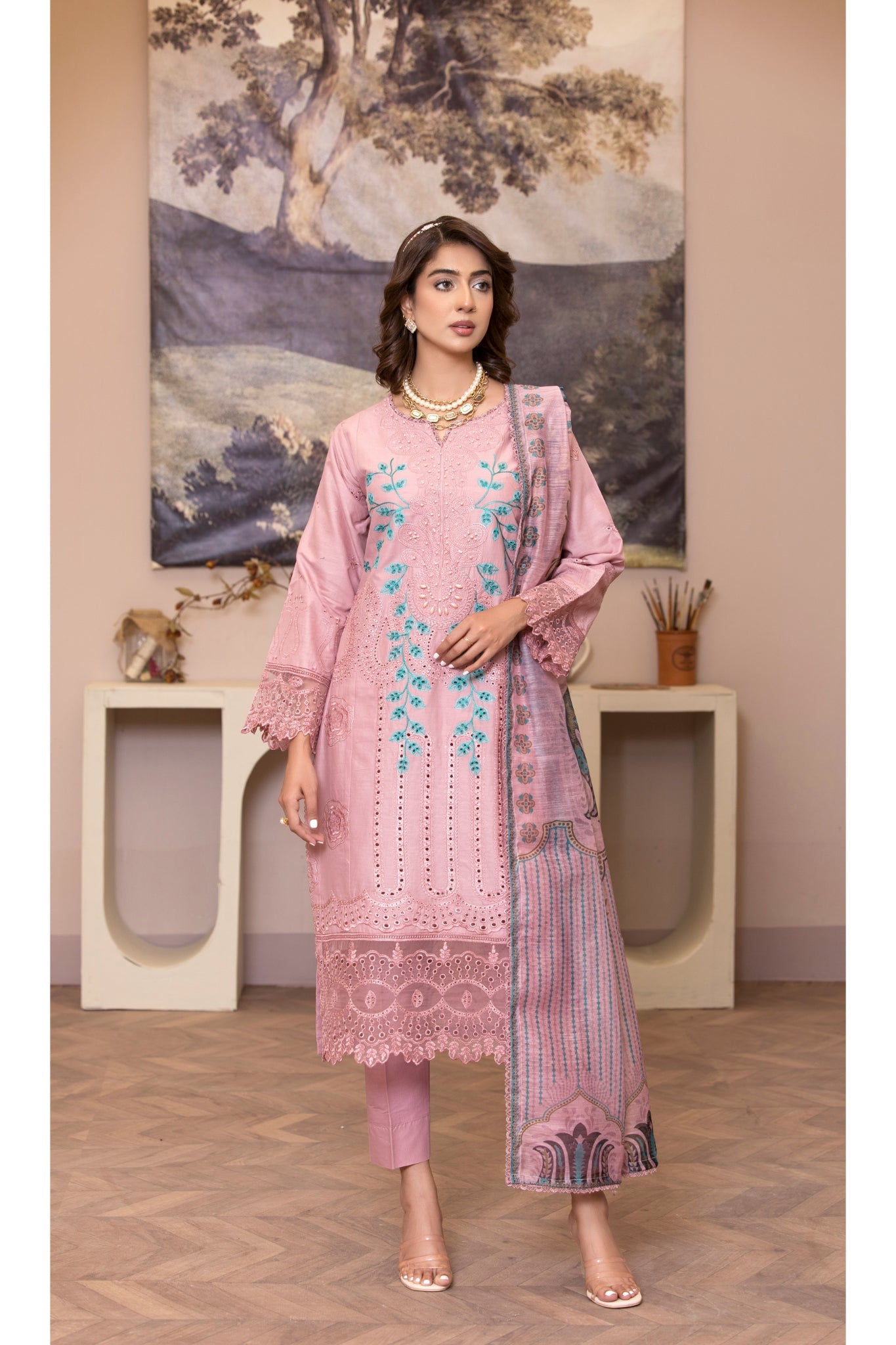 ZK5 – 3 Piece Summer Lawn Suit in Dusty Pink with Teal Embroidery and Printed Dupatta – Zoi & Hunni Collection