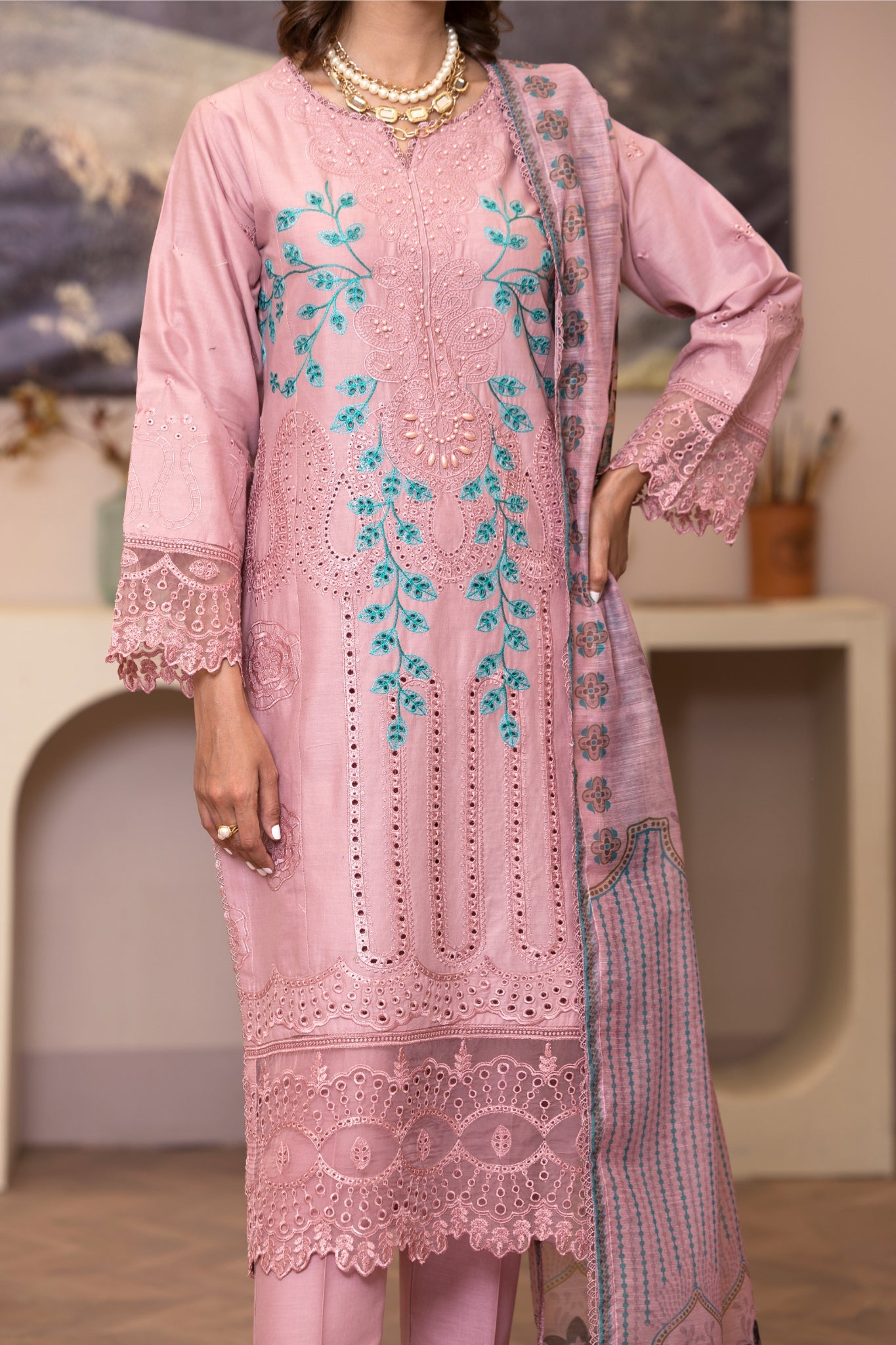 ZK5 – 3 Piece Summer Lawn Suit in Dusty Pink with Teal Embroidery and Printed Dupatta – Zoi & Hunni Collection