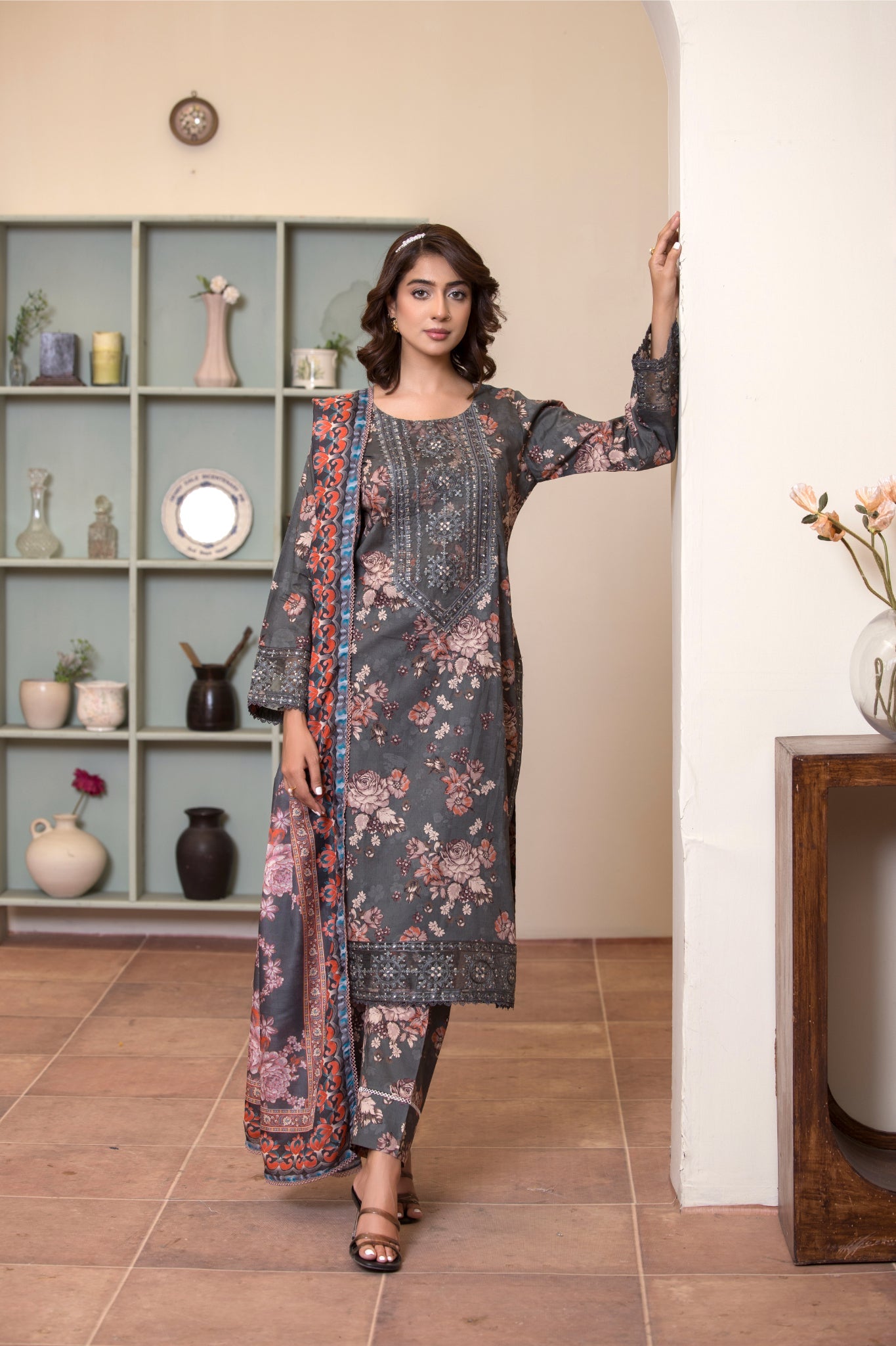ZK6 – 3 Piece Summer Lawn Suit in Charcoal Grey with Floral Print and Red Contrast Dupatta – Zoi & Hunni Collection