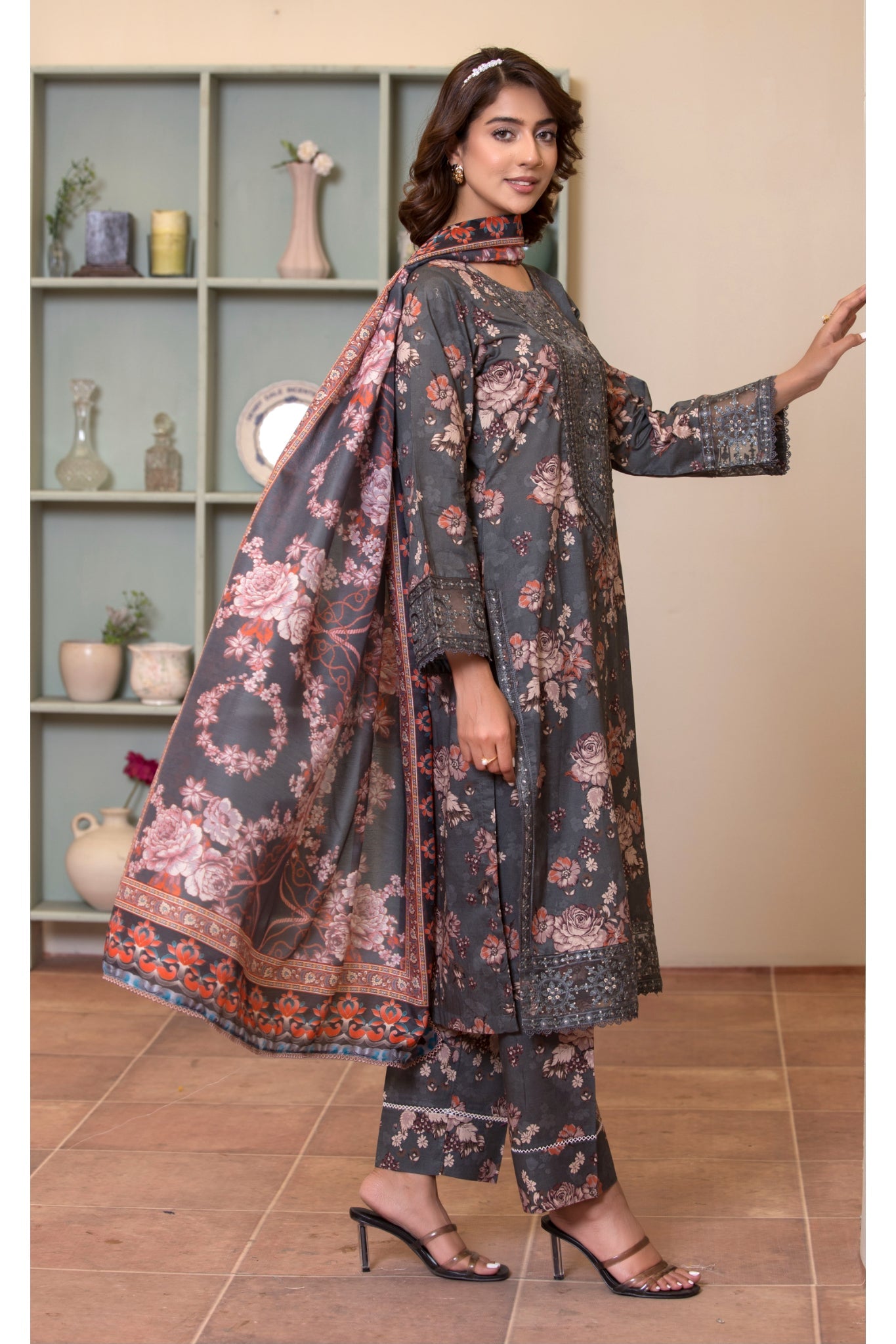 ZK6 – 3 Piece Summer Lawn Suit in Charcoal Grey with Floral Print and Red Contrast Dupatta – Zoi & Hunni Collection
