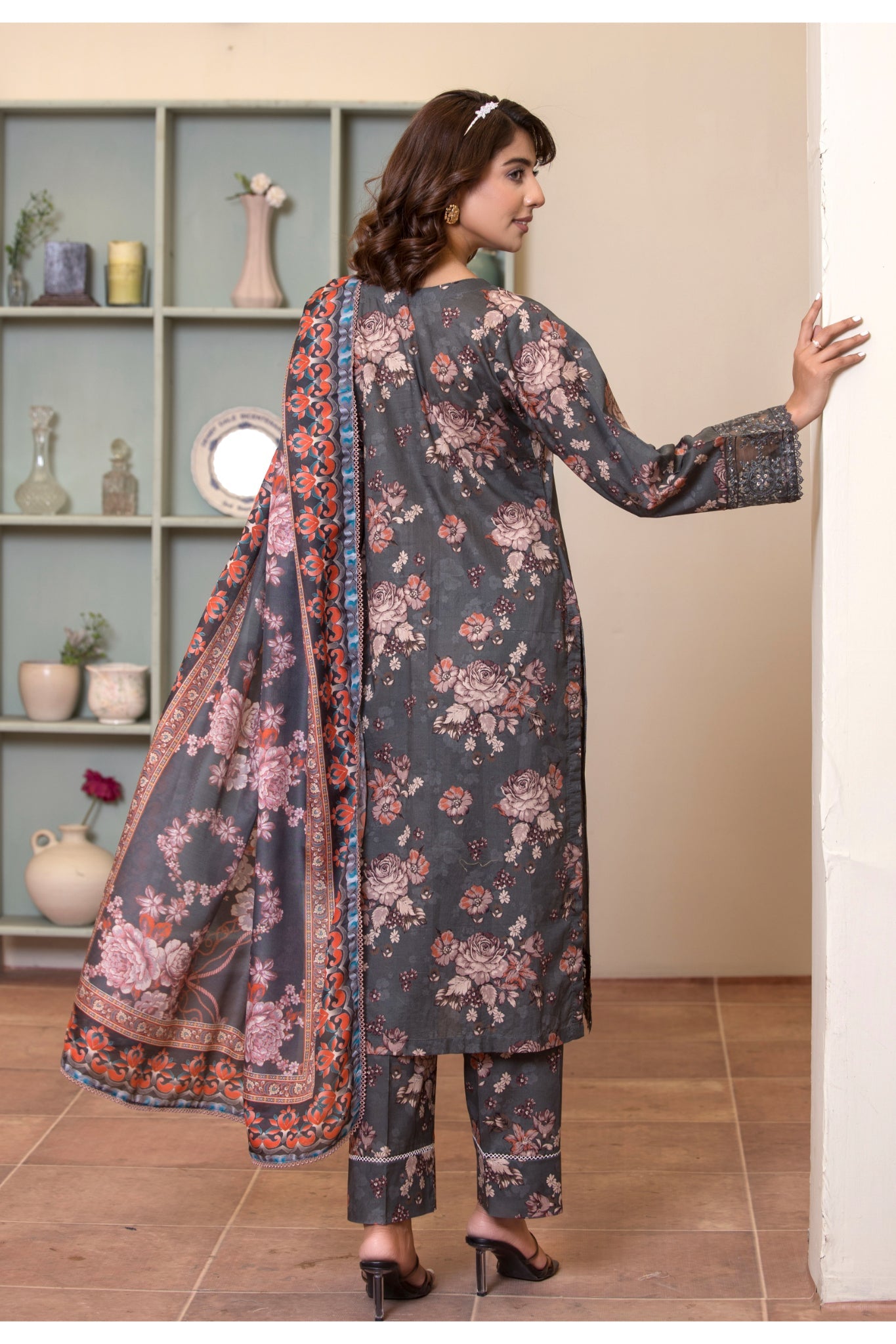 ZK6 – 3 Piece Summer Lawn Suit in Charcoal Grey with Floral Print and Red Contrast Dupatta – Zoi & Hunni Collection