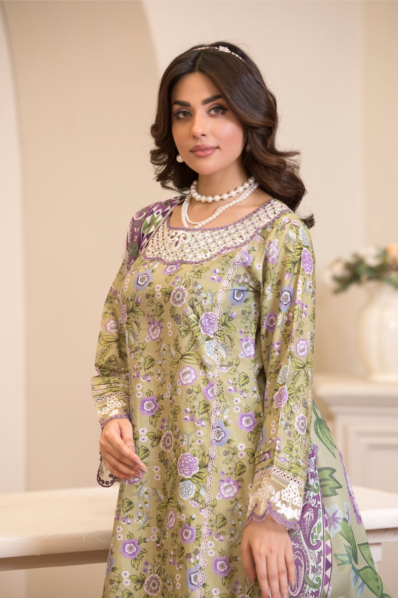 ZK7 – 3 Piece Summer Lawn Suit in Green with Lilac Floral Print and Lace Detailing – Zoi & Hunni Collection