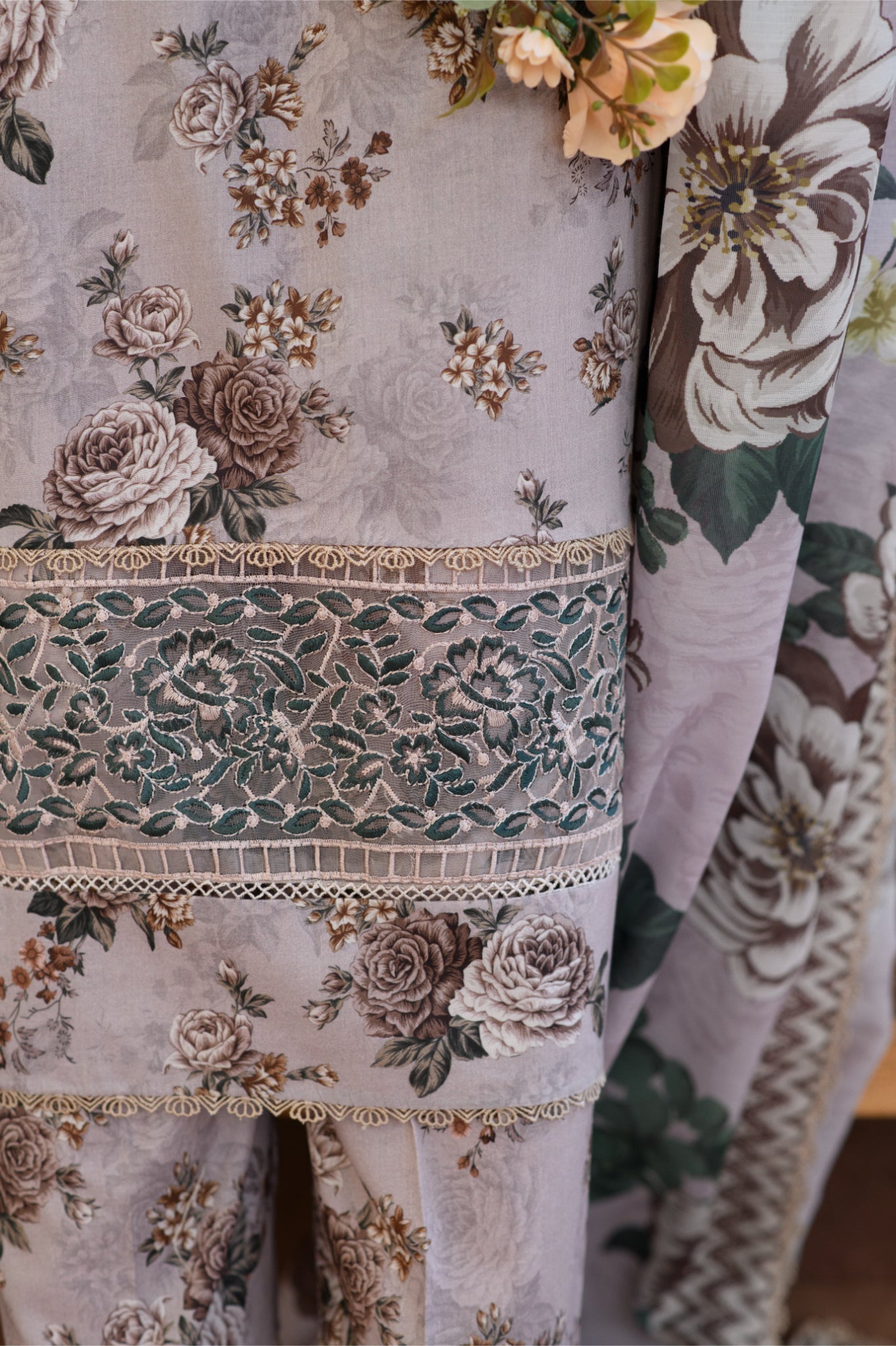 ZK8 – 3 Piece Summer Lawn Suit in Beige Mauve with Vintage Floral Print and Coordinated Dupatta – Zoi & Hunni Collection