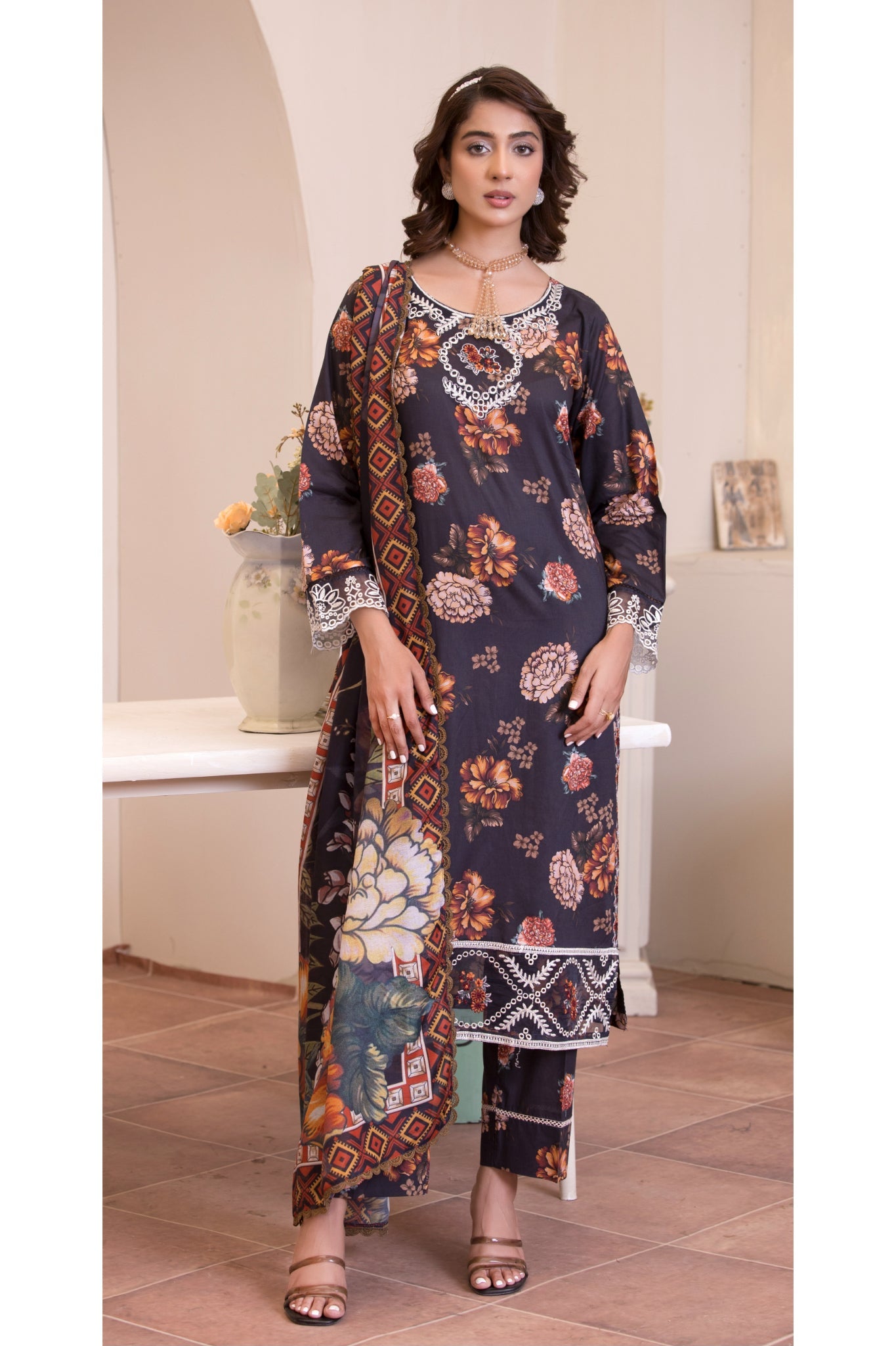 ZK9 – 3 Piece Summer Lawn Suit in Black with Autumn Floral Print and Geometric Dupatta – Zoi & Hunni Collection