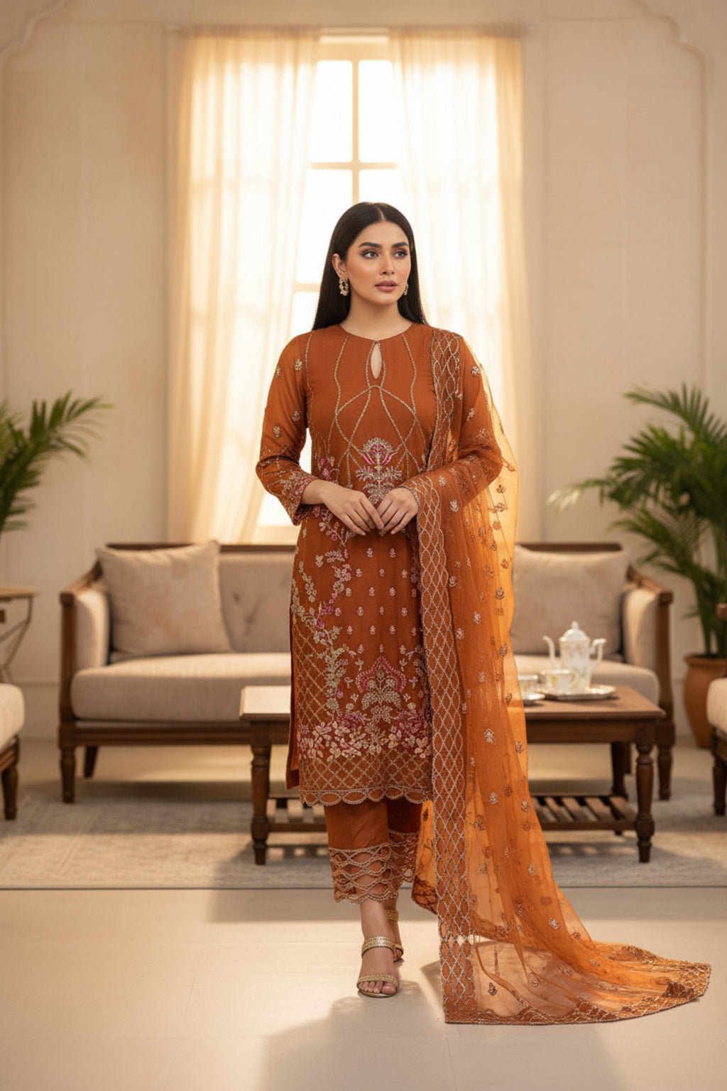 Rust Embroidered 3 Piece Suit | Nura | Ambernaz
