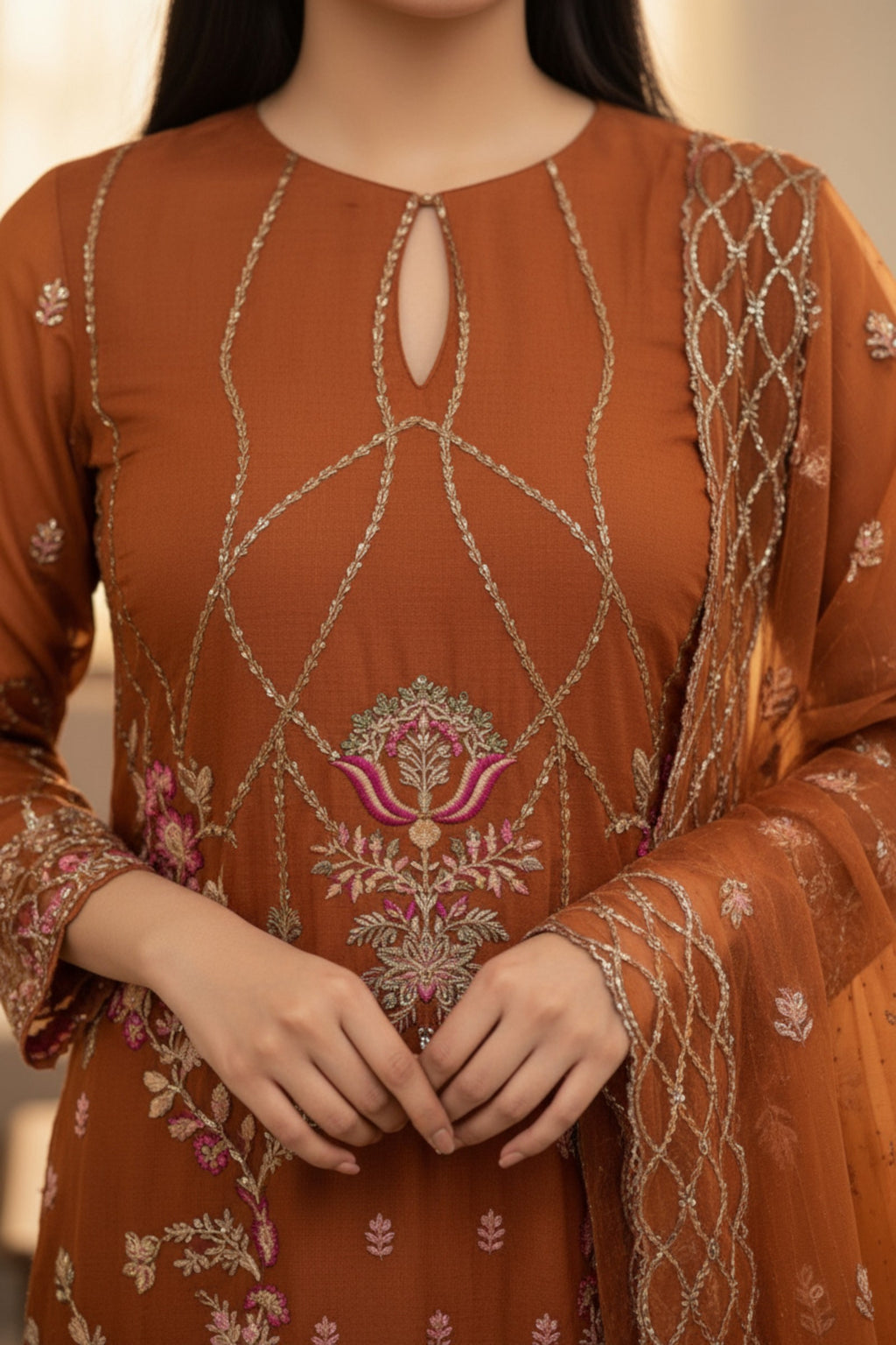 Rust Embroidered 3 Piece Suit | Nura | Ambernaz