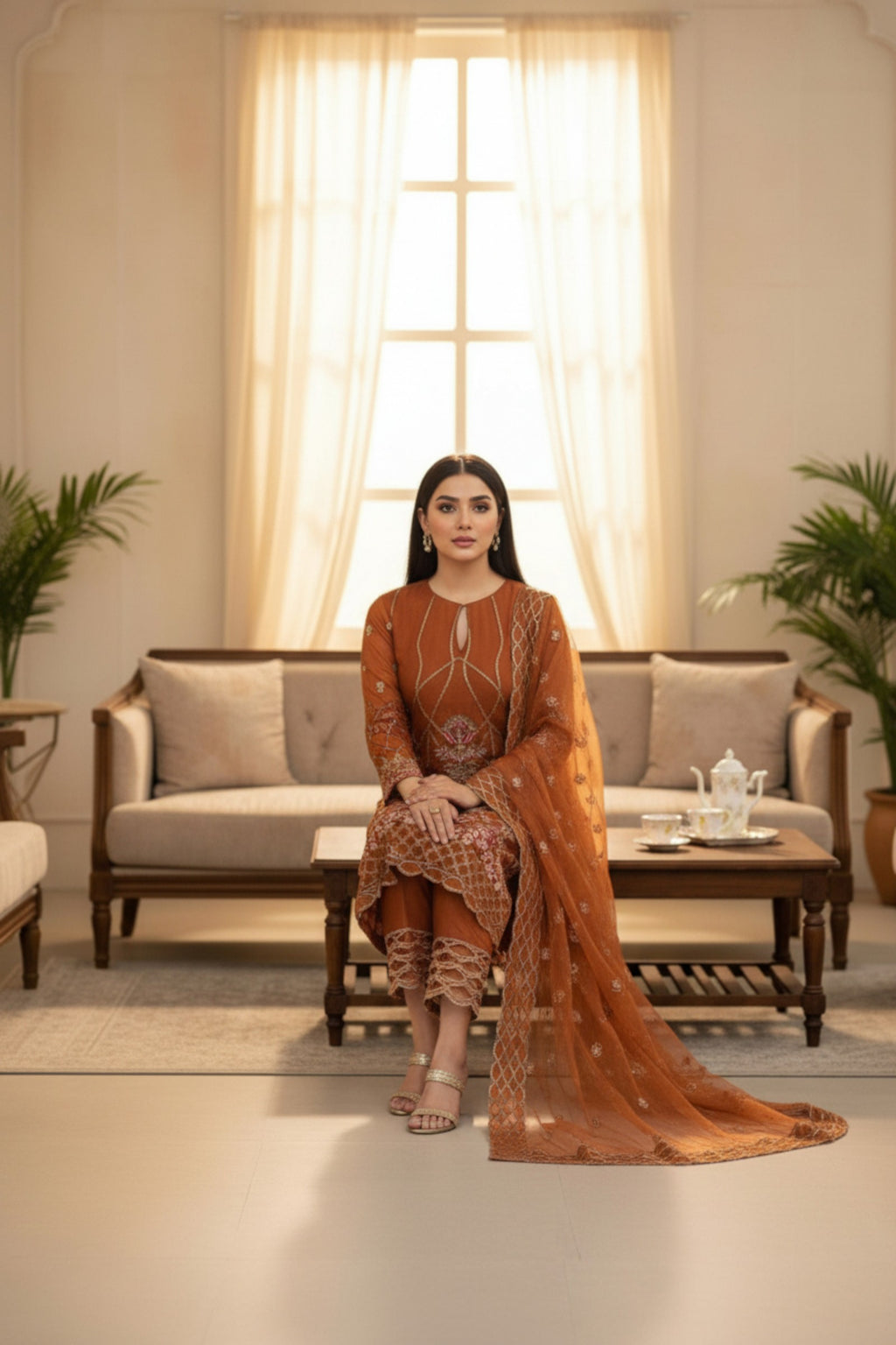 Rust Embroidered 3 Piece Suit | Nura | Ambernaz