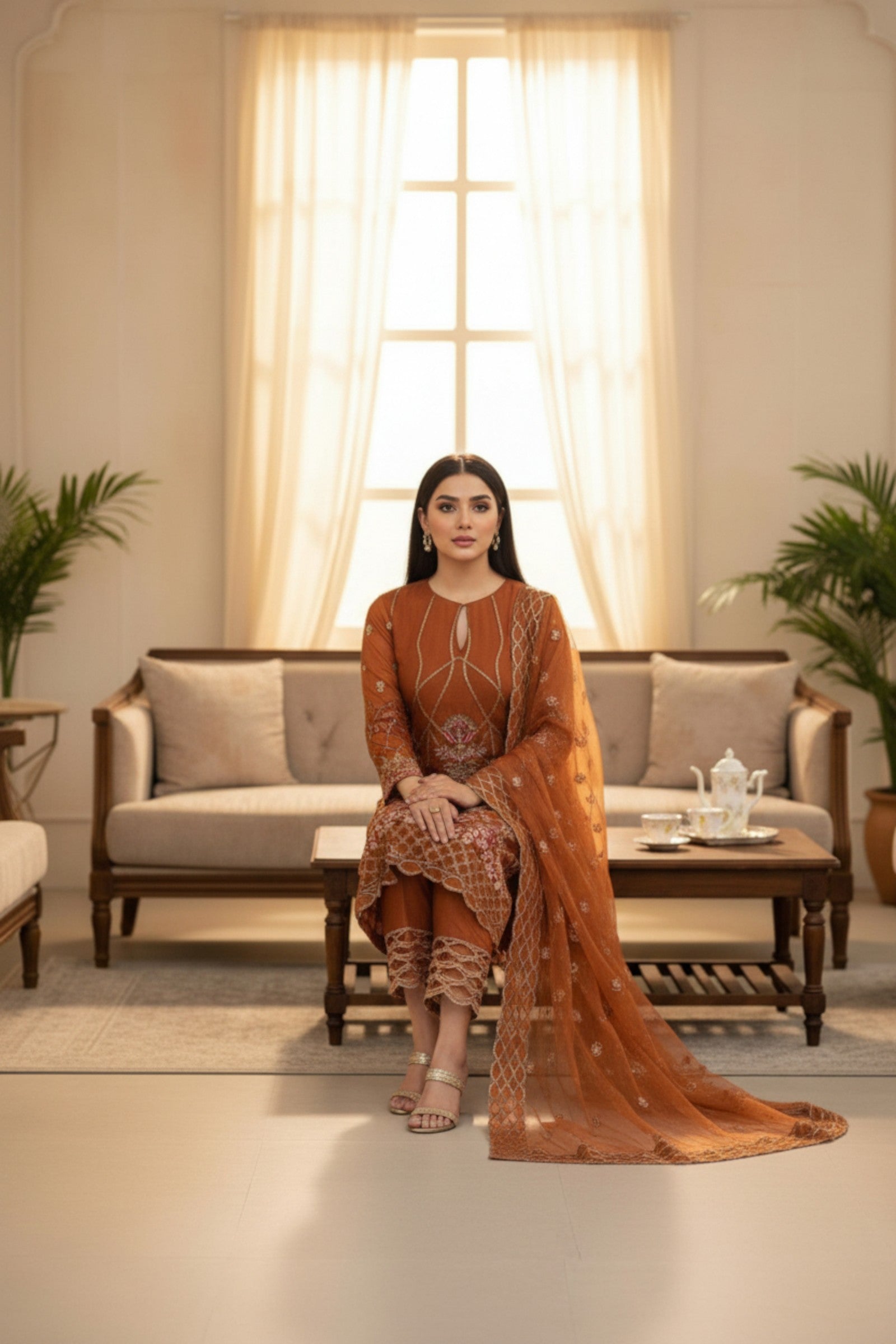 Rust Embroidered 3 Piece Suit | Nura | Ambernaz