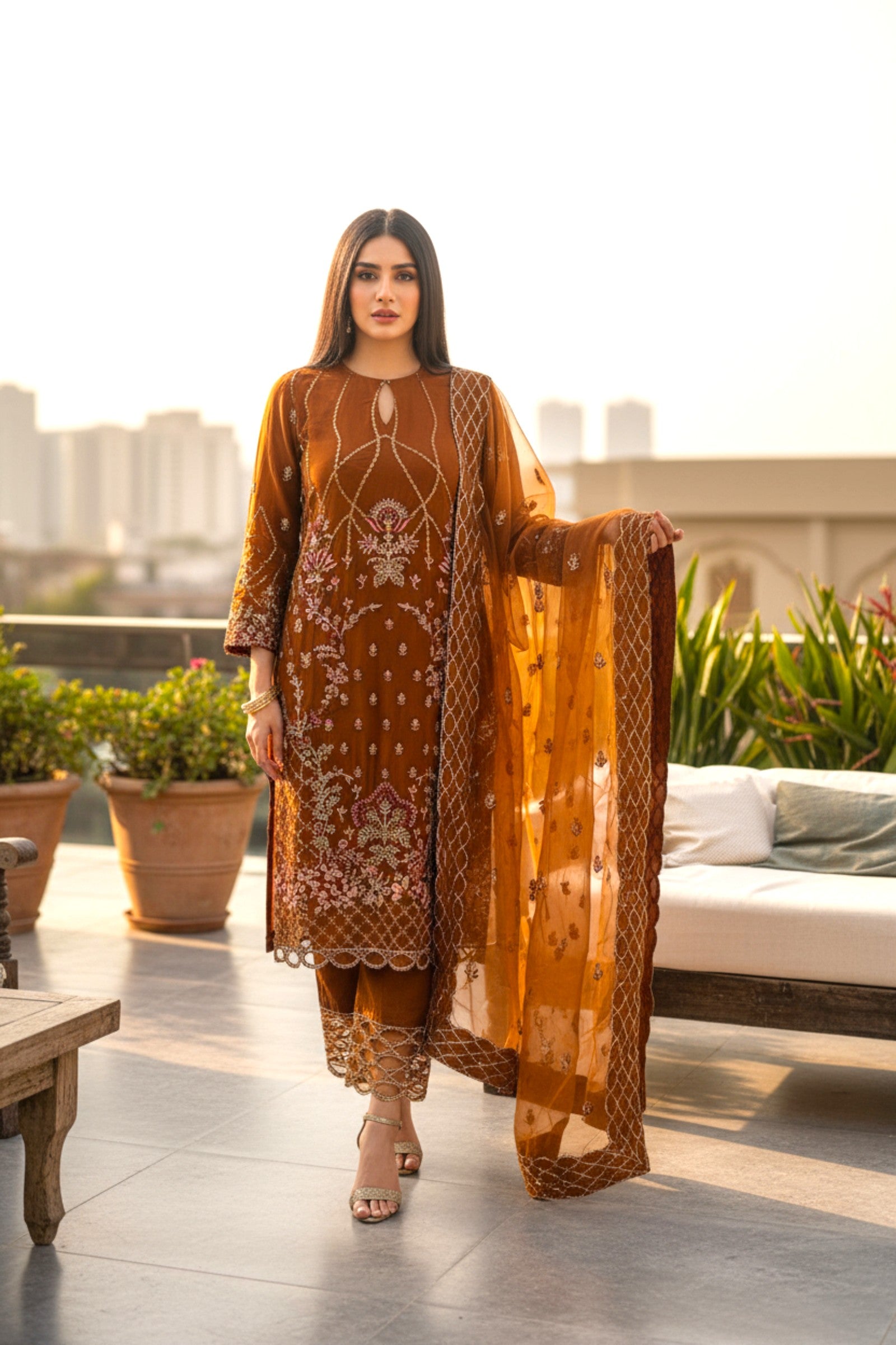 Rust Embroidered 3 Piece Suit | Nura | Ambernaz