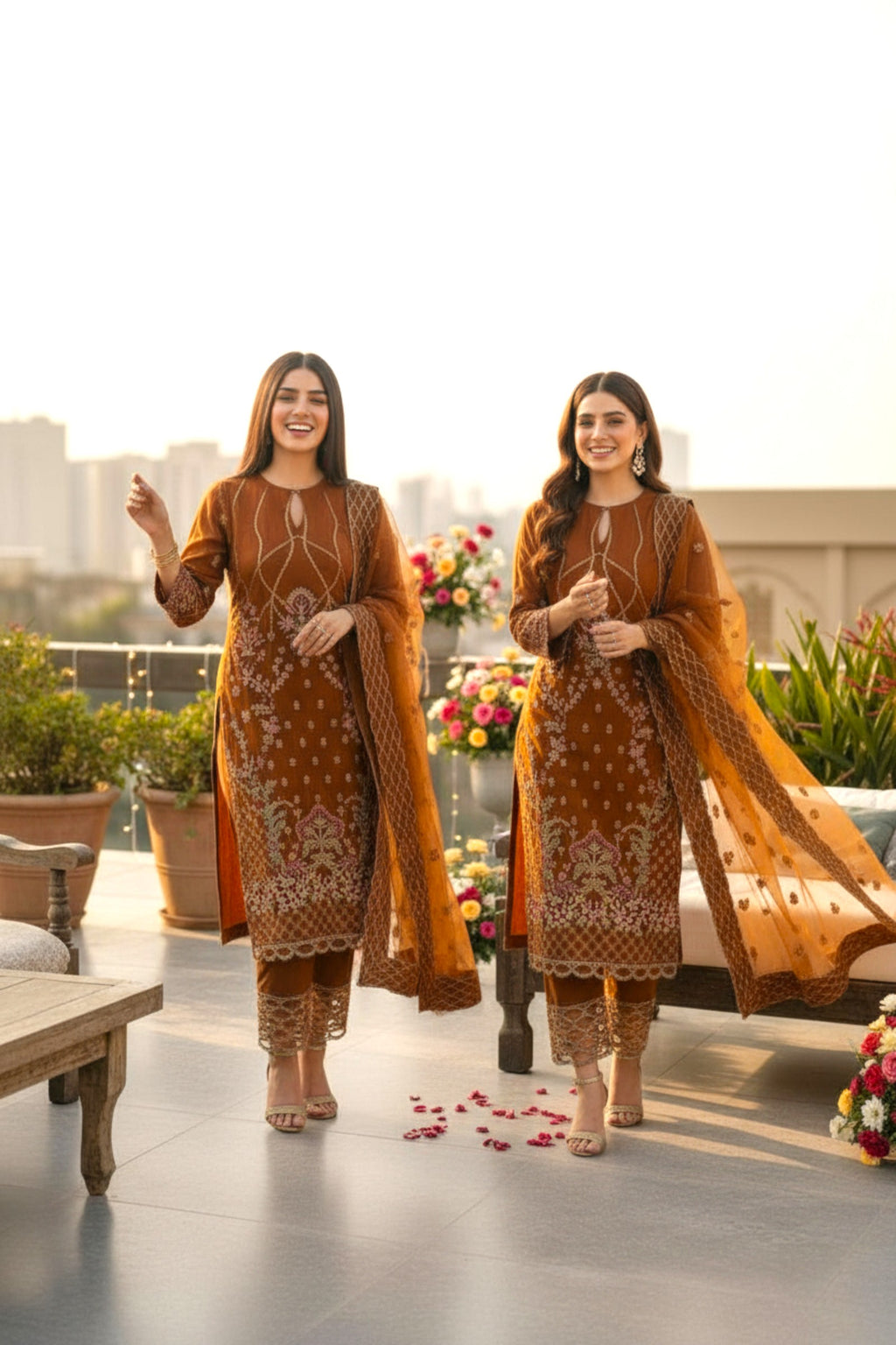 Rust Embroidered 3 Piece Suit | Nura | Ambernaz