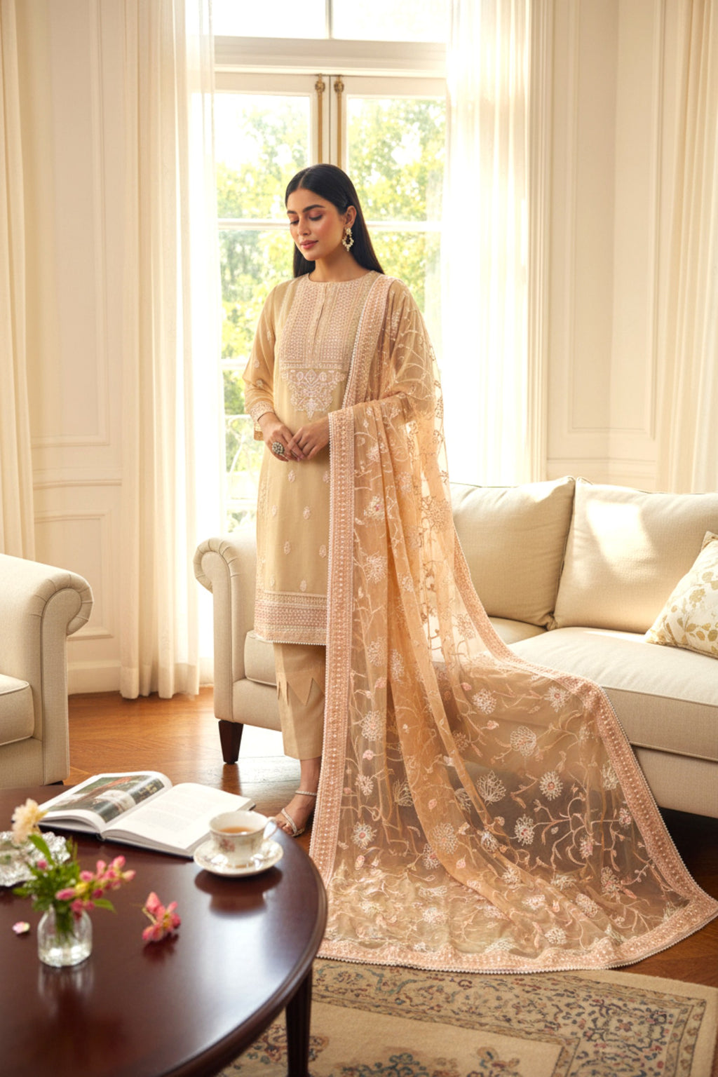 Skin Embroidered 3 Piece Suit | Nura | Zareen