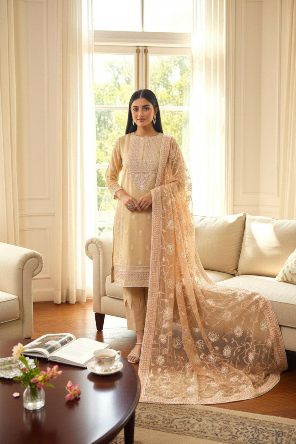 Skin Embroidered 3 Piece Suit | Nura | Zareen