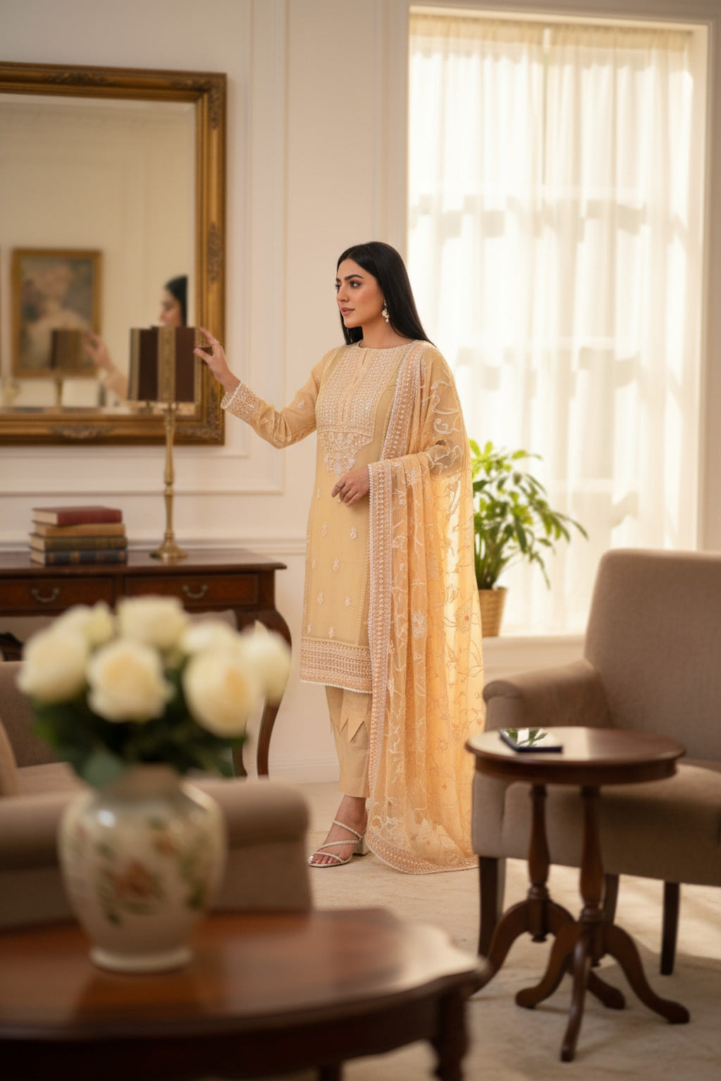 Skin Embroidered 3 Piece Suit | Nura | Zareen
