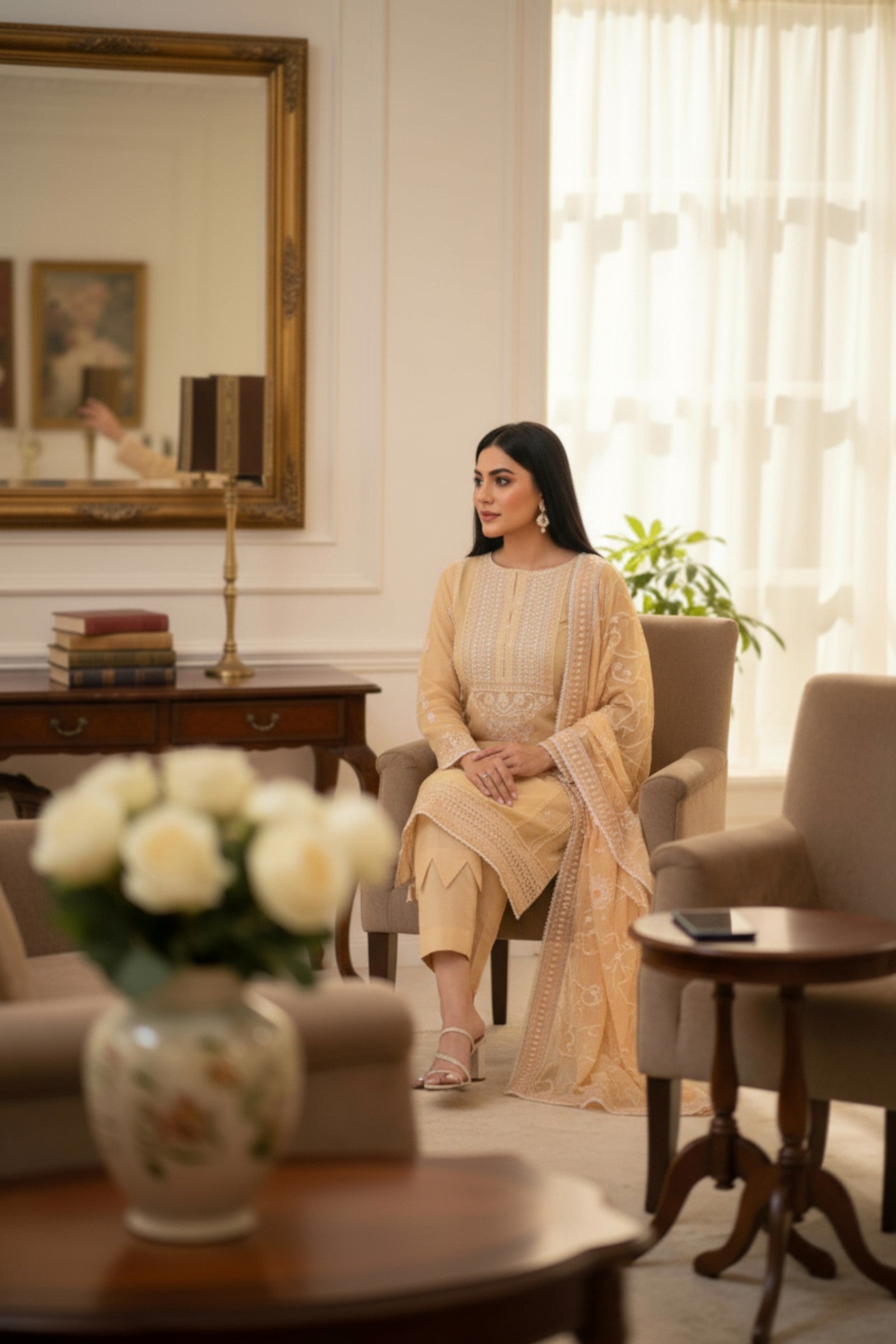 Skin Embroidered 3 Piece Suit | Nura | Zareen