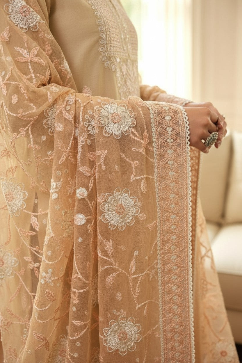 Skin Embroidered 3 Piece Suit | Nura | Zareen
